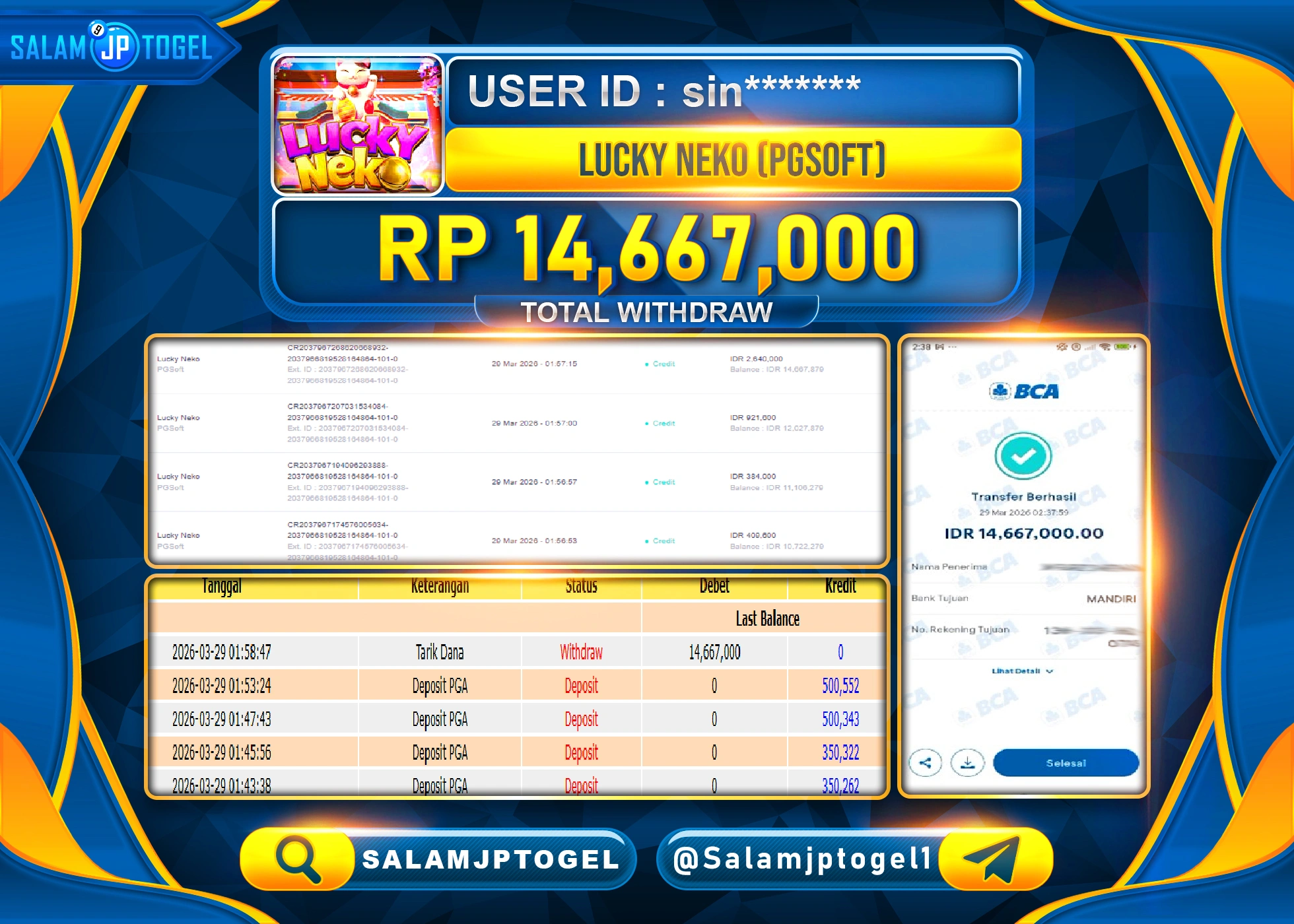 SALAMJPTOGEL MENANG JACKPOT SLOT LUCKY NEKO PGSOFT Rp.14,667,000 - LUNAS
