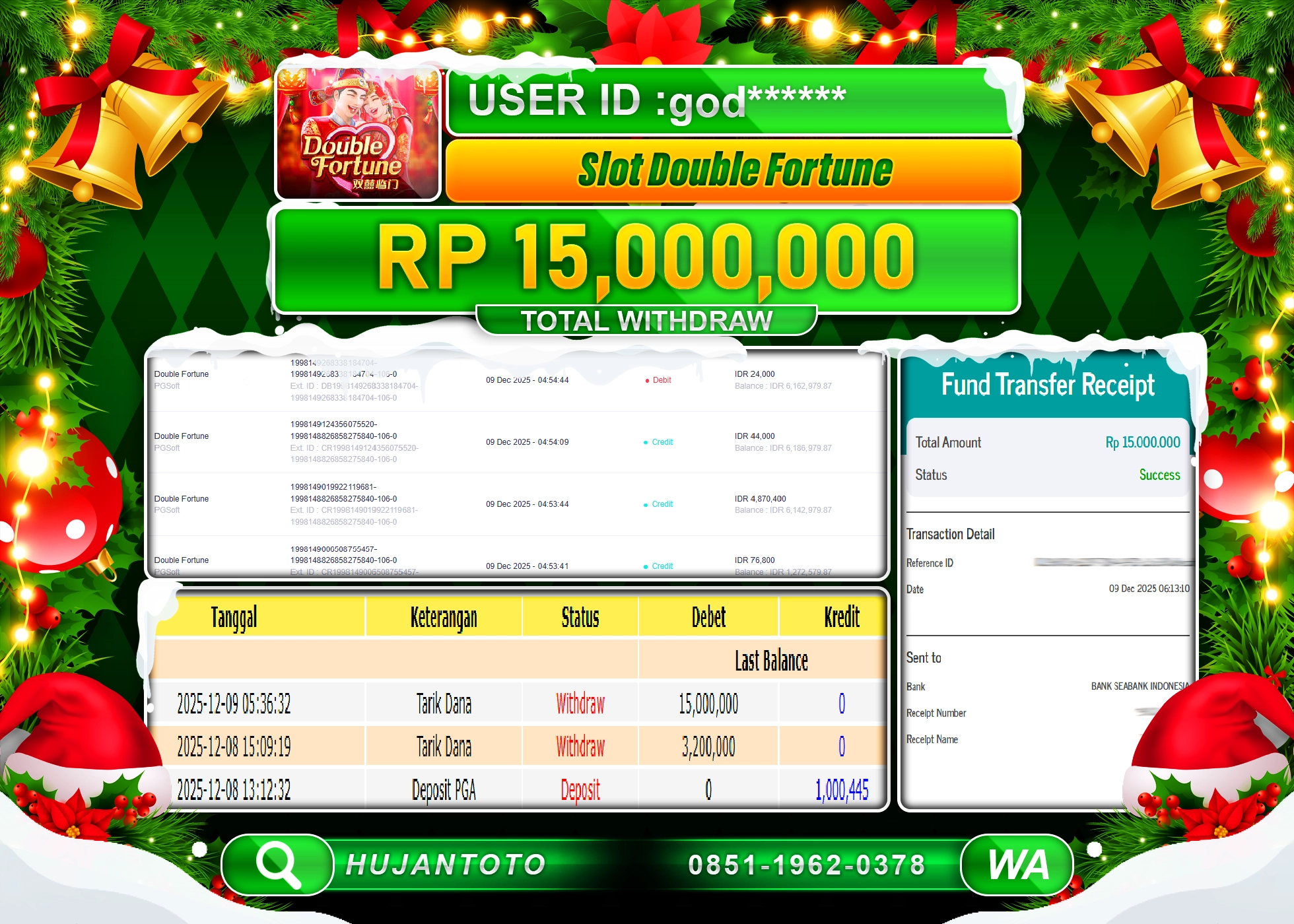 HUJANTOTO - BUKTI JACKPOT MENANG SLOT DOUBLE FORTUNE Rp.15,000,000 - TERBAYAR LUNAS