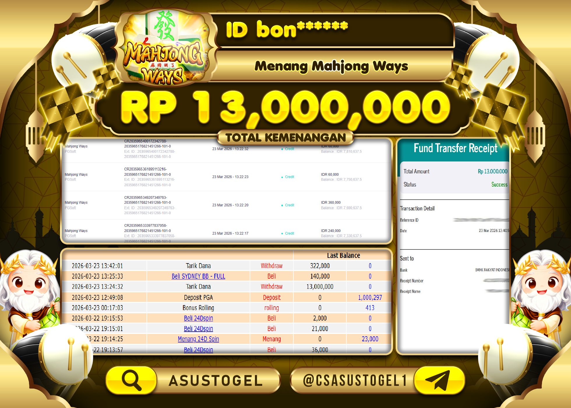 ASUSTOGEL KEMENANGAN JACKPOT DI MAHJONG WAYS 2 PG SOFT SEBESAR Rp.13,000,000 - RUPIAH LUNAS