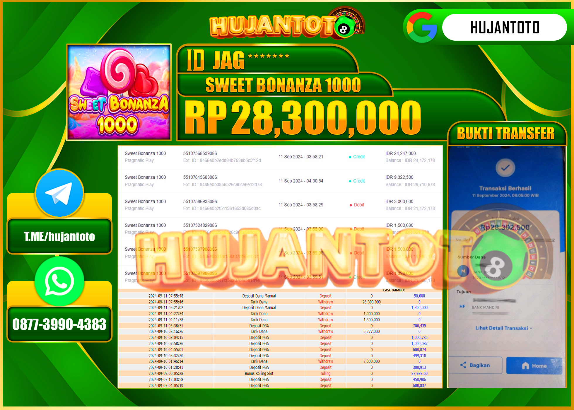 HUJANTOTO MENANG BESAR DI PERMAINAN SLOT SWEET BONANZA 1000 , 28,300,000  - LUNAS 