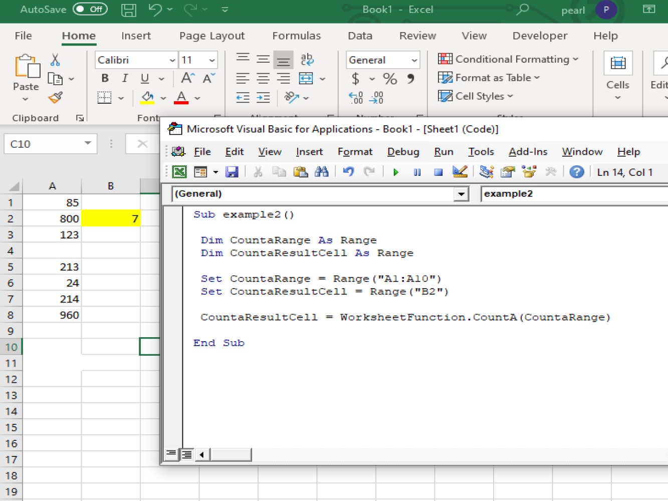 Screenshot of CountA using variables