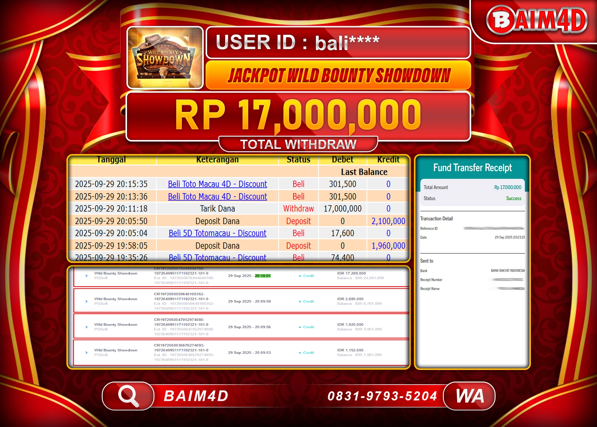 BAIM4D JACKPOT SLOT WILD BOUNTY SHOWDOWN Rp.17,000,000.- LUNAS