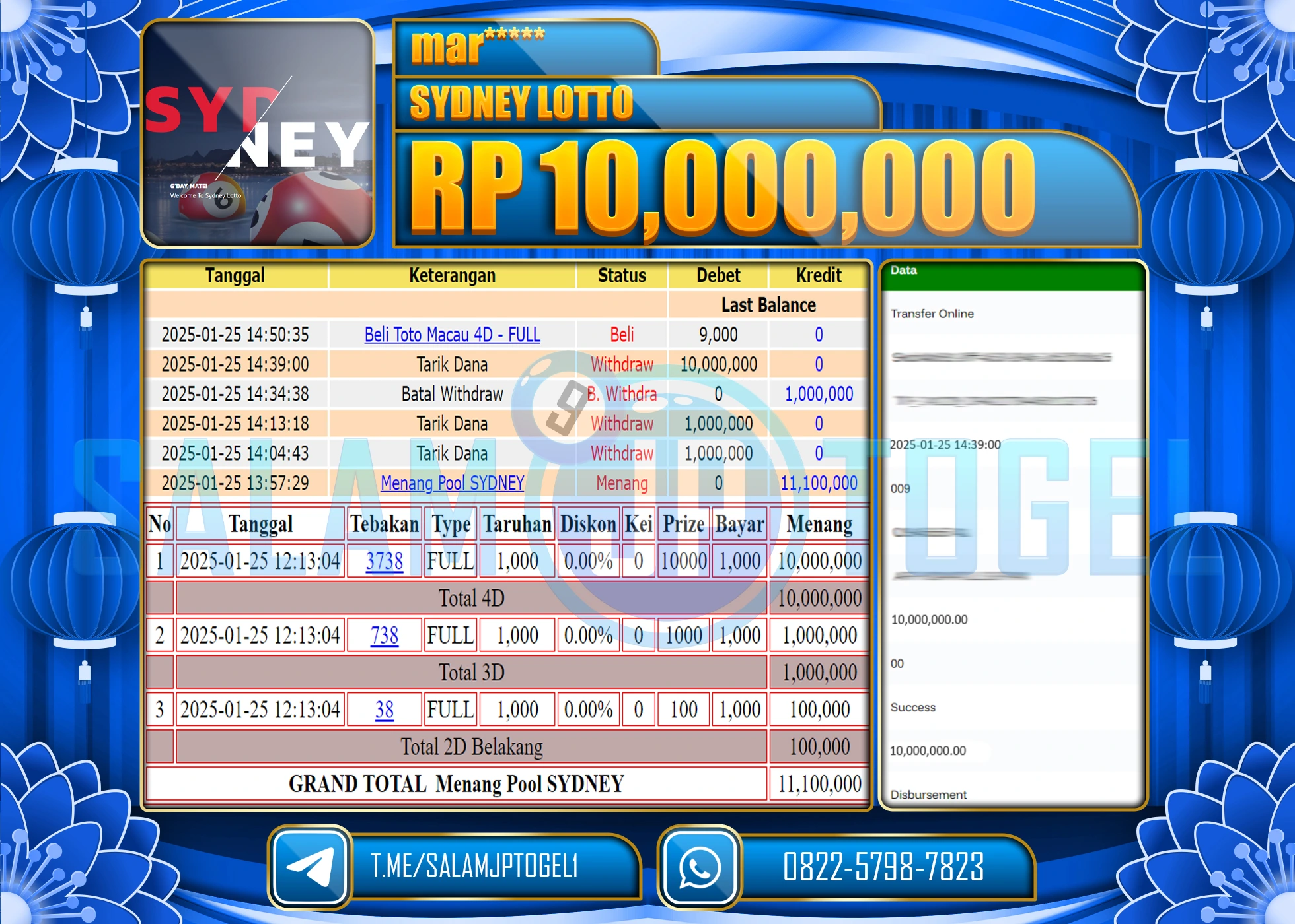 SALAMJPTOGEL MENANG TOGEL SYDNEY LOTTO Rp.10,000,000 LUNAS