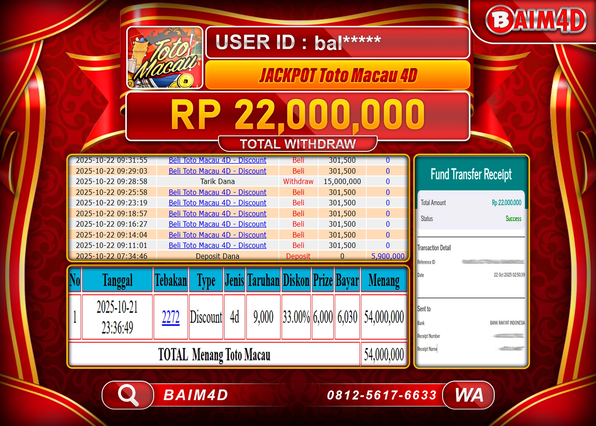 BAIM4D JACKPOT TOGEL TOTO MACAU 4D GAMES Rp.22,000,000.- LUNAS