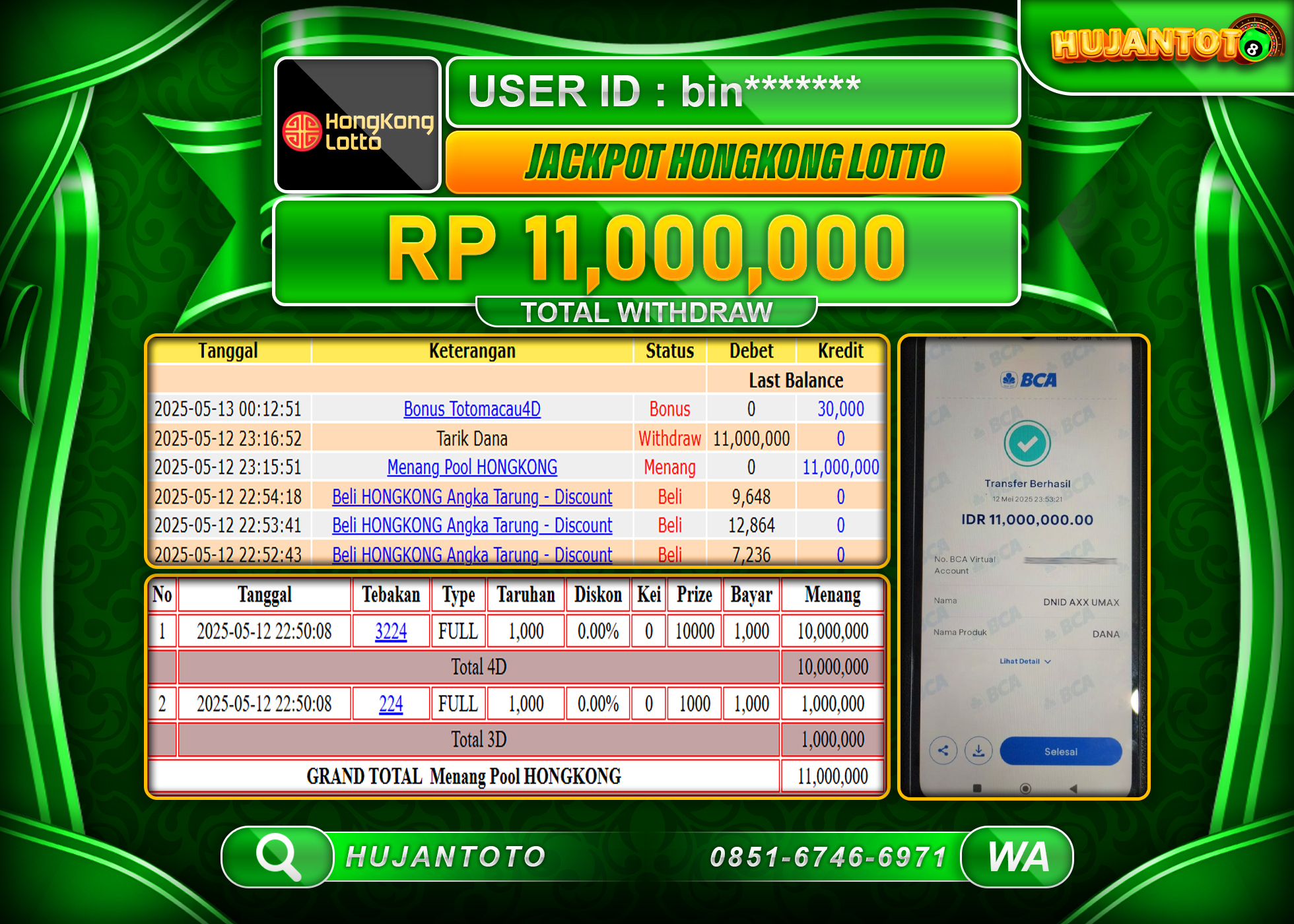 HUJANTOTO - BUKTI JACKPOT MENANG TOGEL HONGKONG LOTTO Rp,11,000,000 - TERBAYAR LUNAS