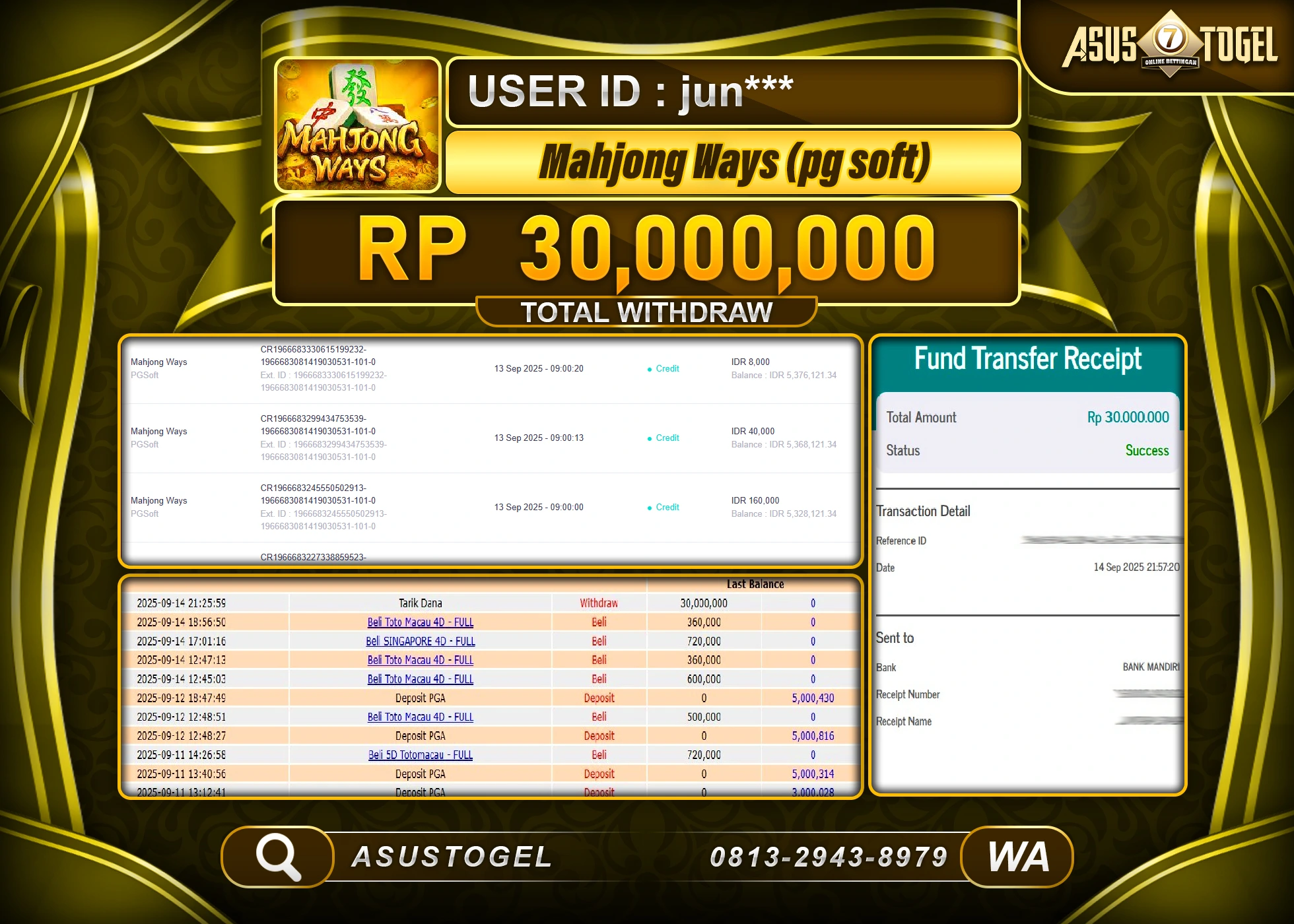 ASUSTOGEL KEMENANGAN DI MAHJONG WAYS (pg soft) SEBESAR 30,000,000- RUPIAH LUNAS