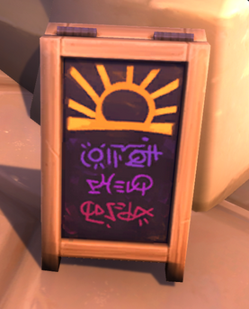 A blackboard with a chalk drawing of a sun and writing in three shades of pink and purple. The writing is in a language that does not exist and is thus unreadable.