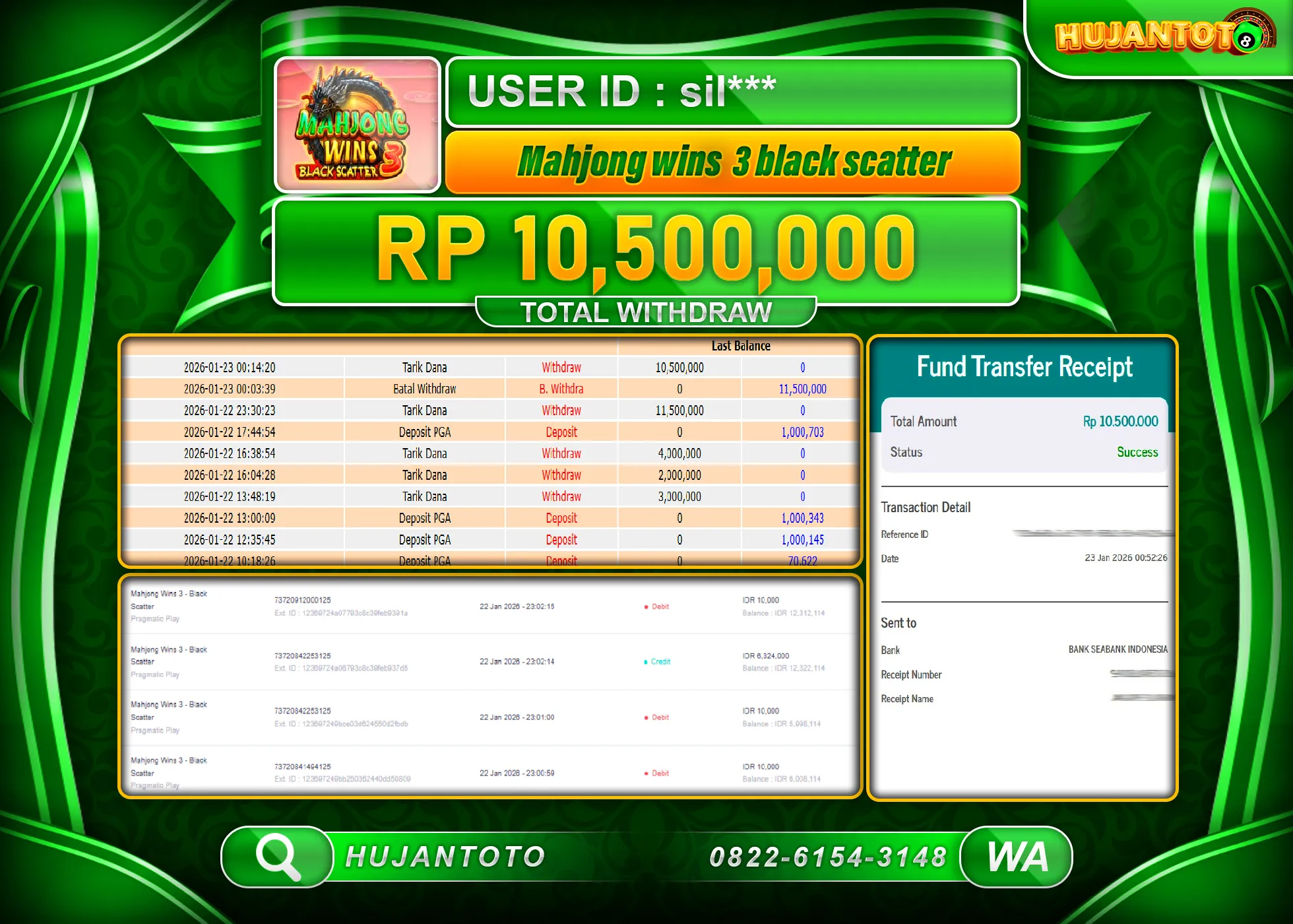 HUJANTOTO - BUKTI JACKPOT MENANG SLOT MAHJONG WINS 3 BLACK SCATER Rp.10,500,000 - TERBAYAR LUNAS