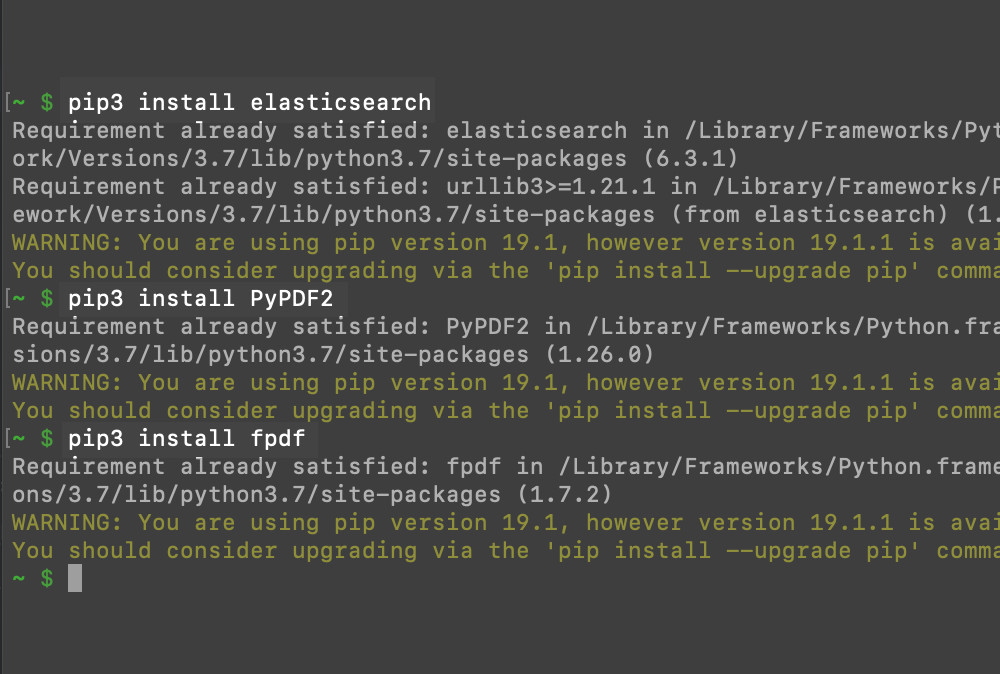 Screenshot of terminal installing the Elasticsearch client and Python packages with PIP3 for creating and parsing PDF files