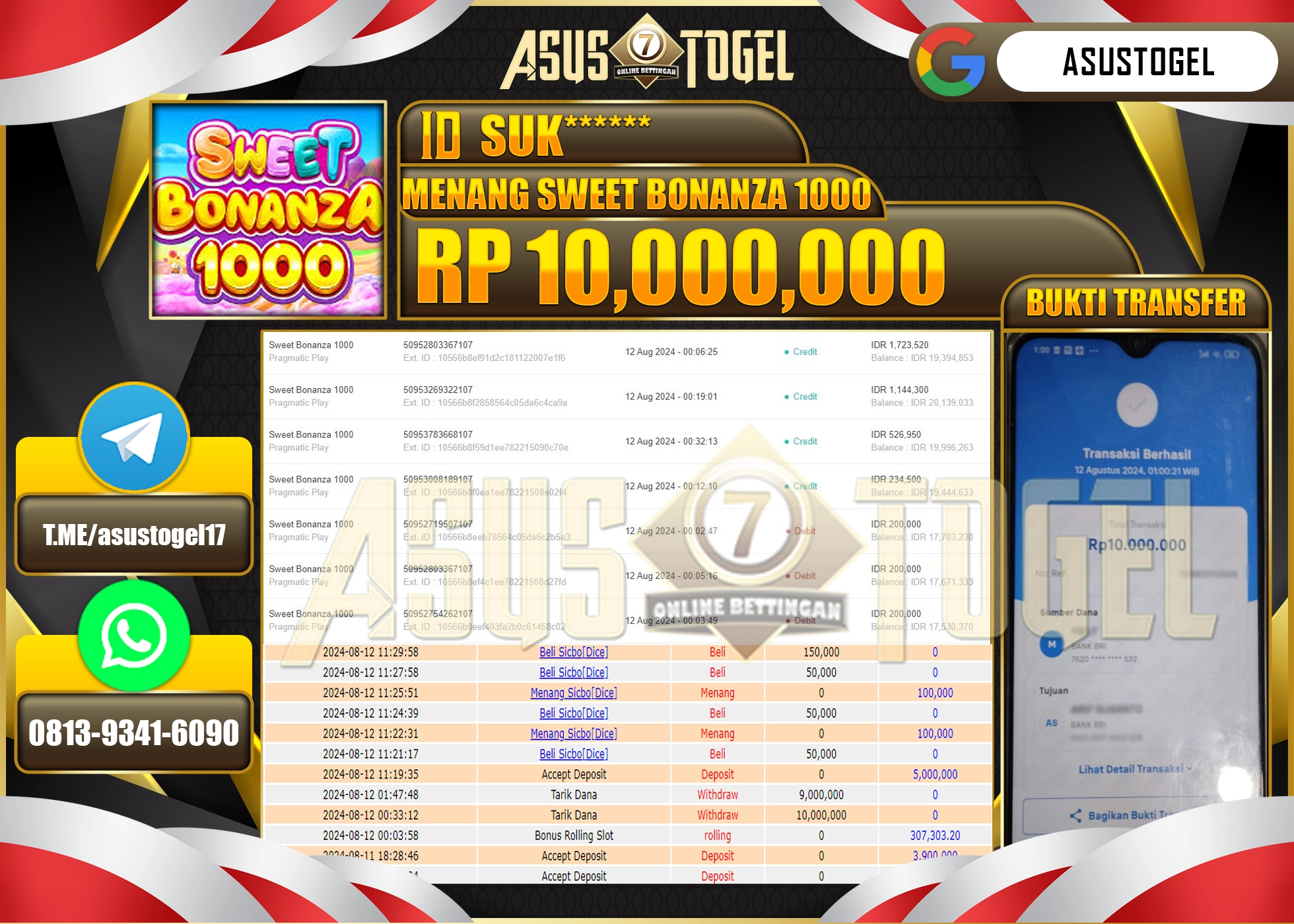 ASUSTOGEL KEMENANGAN DI SWEET BONANZA 1000 SEBESAR 10,000,000- RUPIAH LUNAS