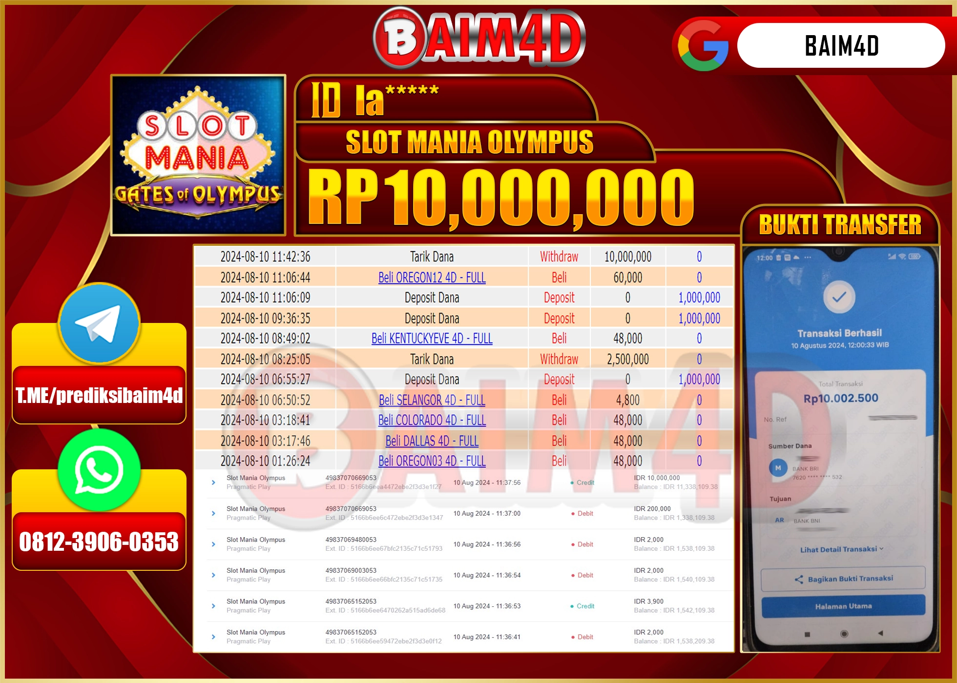 BAIM4D JACKPOT SLOT MANIA OLYMPUS Rp.10.000,000.- LUNAS