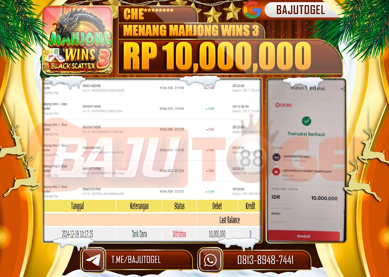 BAJUTOGEL JACKPOT MAHJONG WINS 3 Rp.10.000.000 LUNAS