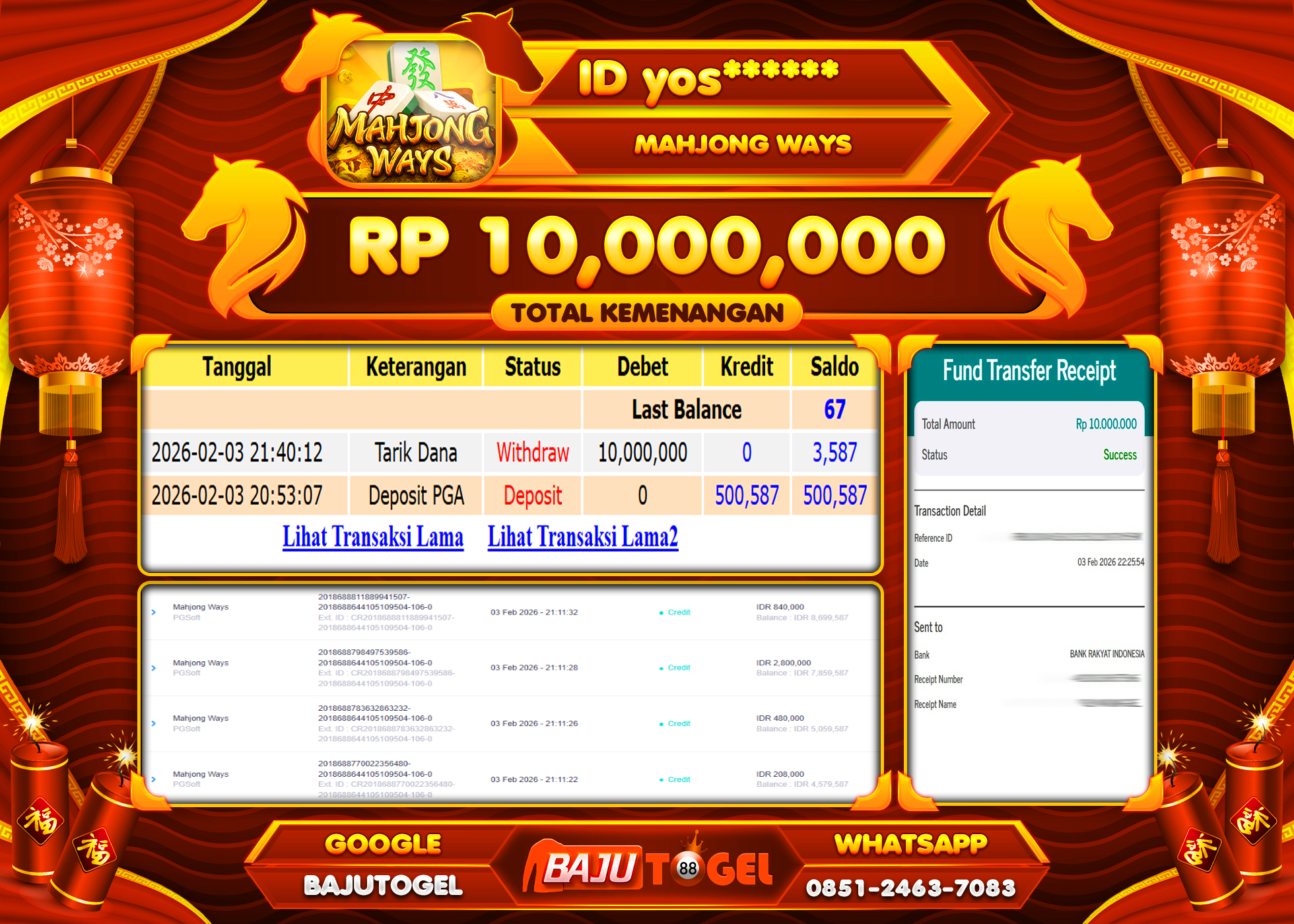 BAJUTOGEL KEMENANGAN JACKPOT DI SLOT PGSOFT MAHJONG WAYS Rp.10,000,000 LUNAS