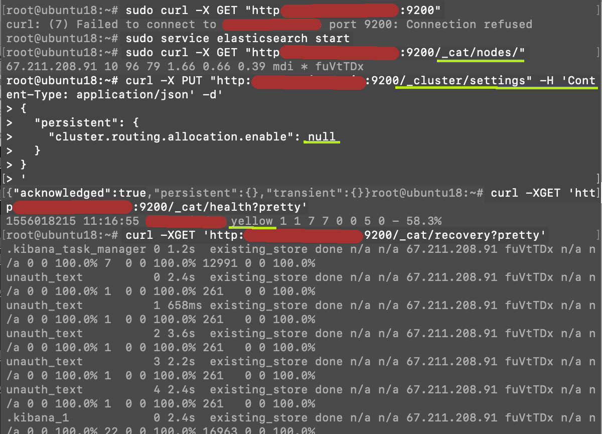 Screenshot of a Linux terminal starting the Elasticsearch service and checking the node and cluster health