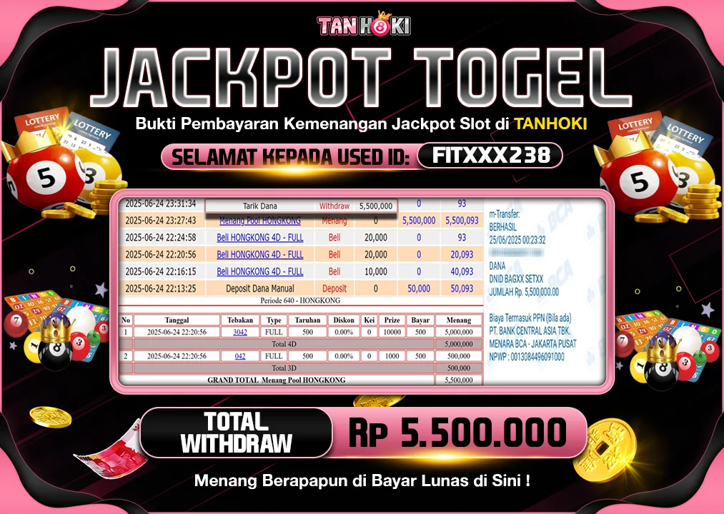 TANHOKI JACKPOT HONGKONG LOTTO Rp.5.500.000,- LUNAS