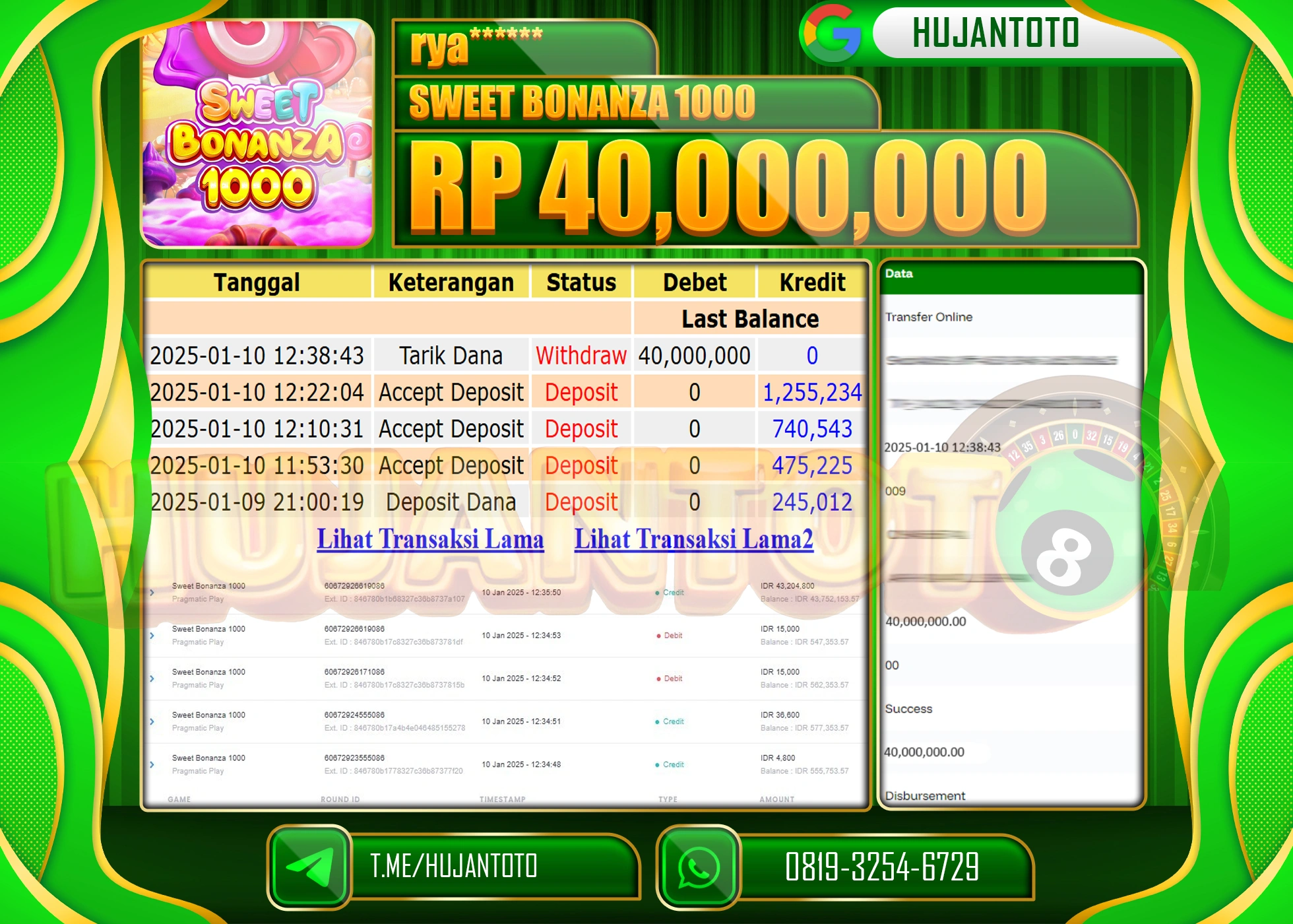 HUJANTOTO - BUKTI JACKPOT DI PERMAINAN SLOT SWEET BONANZA 1000 Rp.40,000,000,- TERBAYAR LUNAS