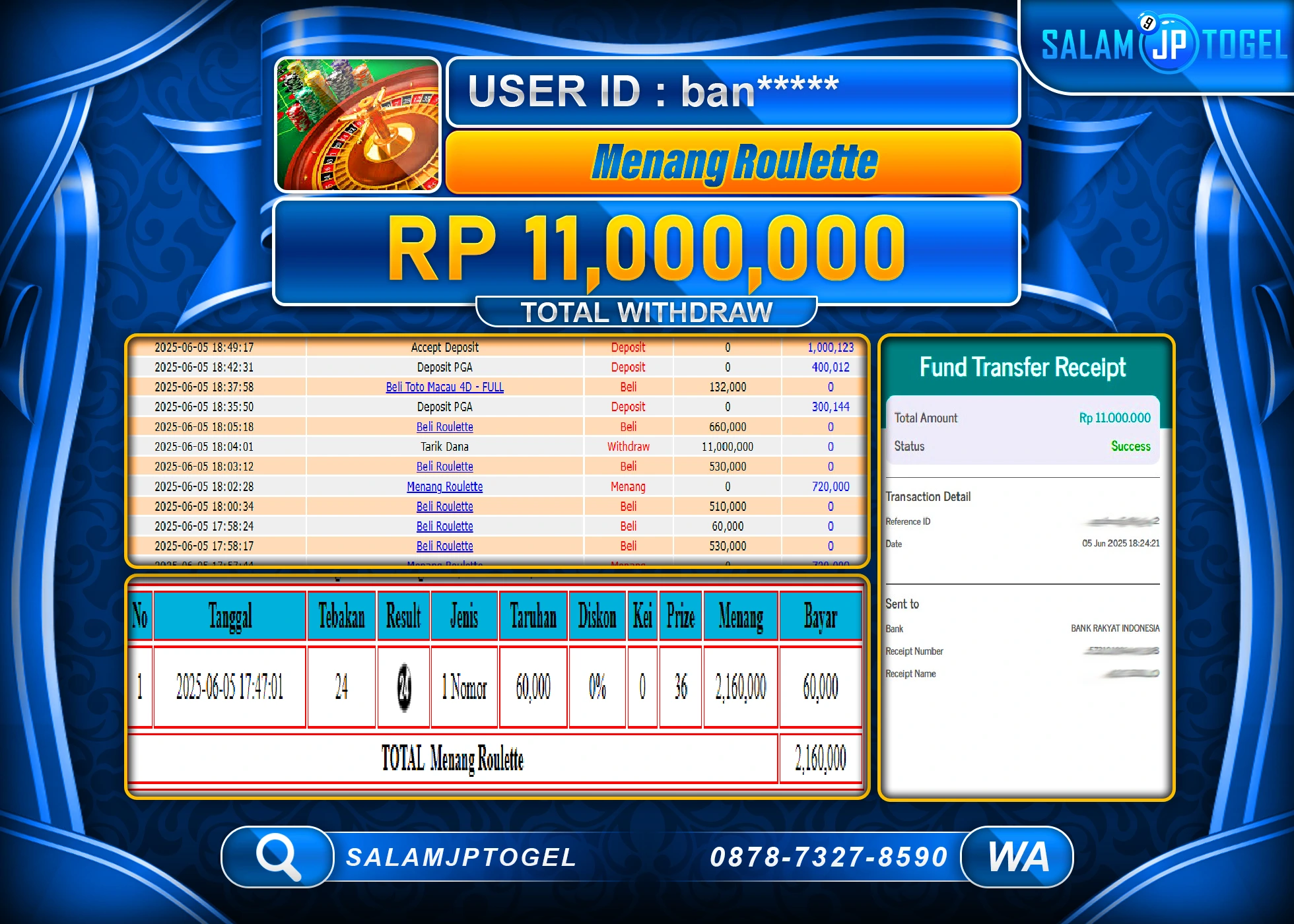 SALAMJPTOGEL MENANG LIVEGAME ROULETTE Rp.11,000,000 LUNAS