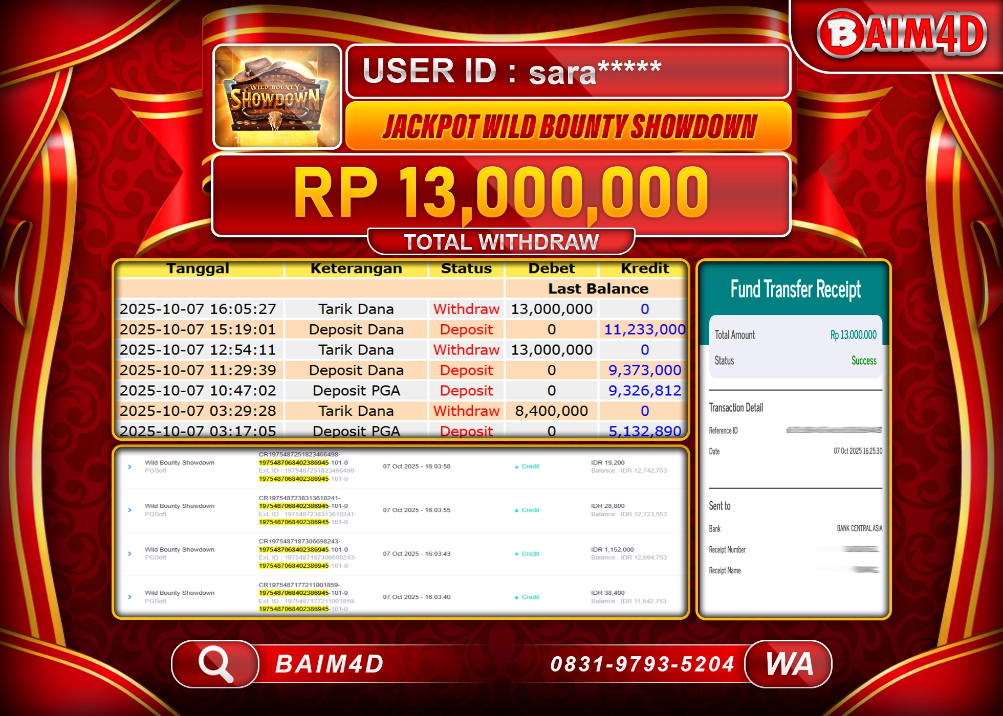 BAIM4D JACKPOT SLOT WILD BOUNTY SHOWDOWN Rp.13,000,000.- LUNAS