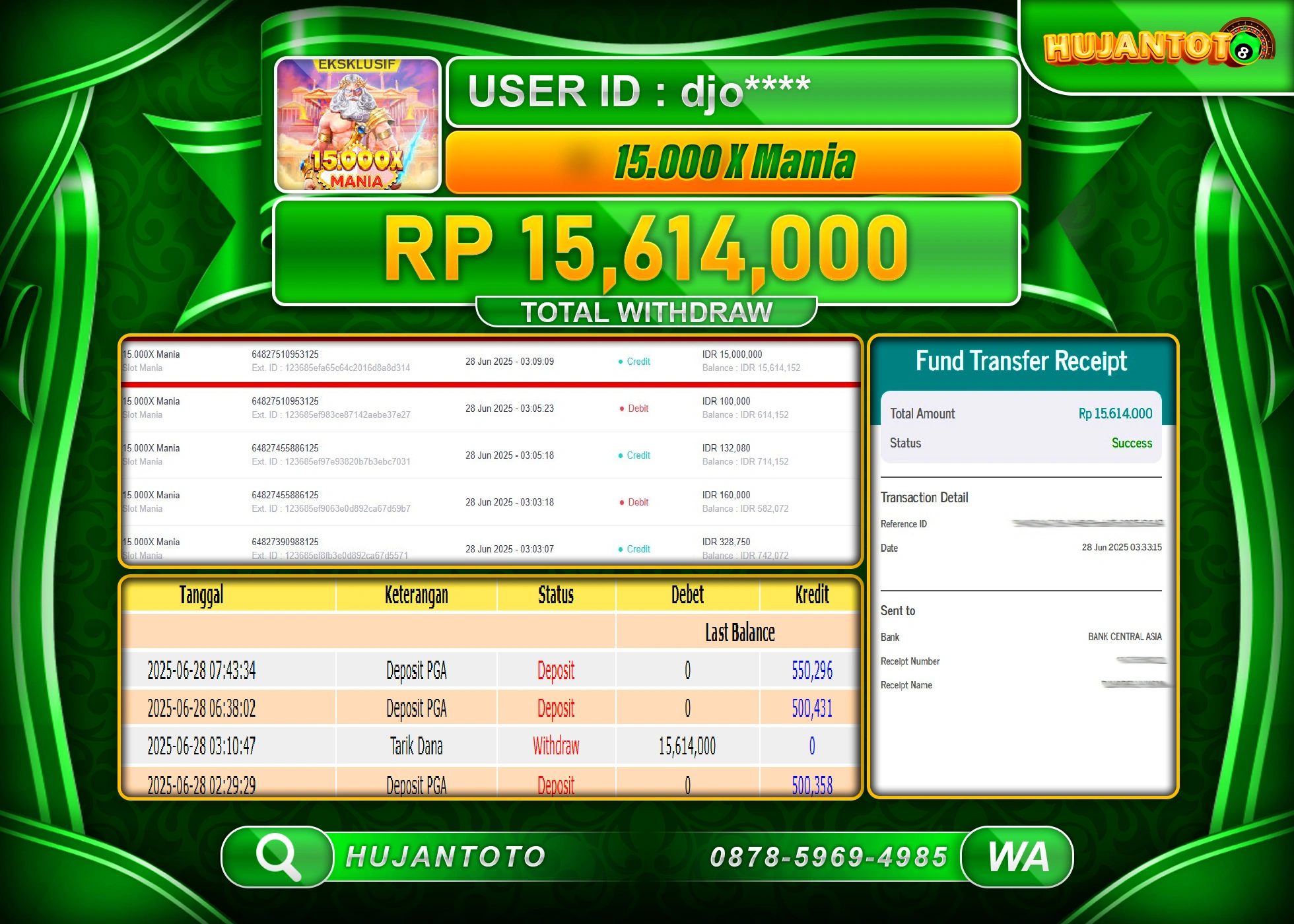 HUJANTOTO - BUKTI JACKPOT MENANG SLOT 15.000 X MANIA Rp. 15,614,000 - TERBAYAR LUNAS