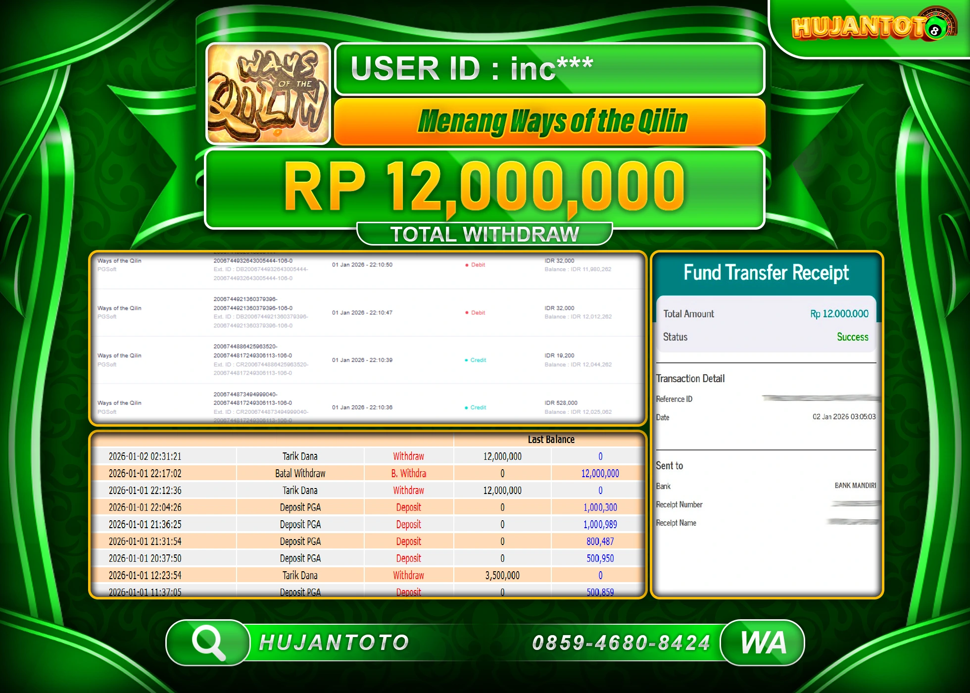 HUJANTOTO - BUKTI JACKPOT MENANG SLOT WAYS OF THE QILIN Rp.12,000,000 - TERBAYAR LUNAS