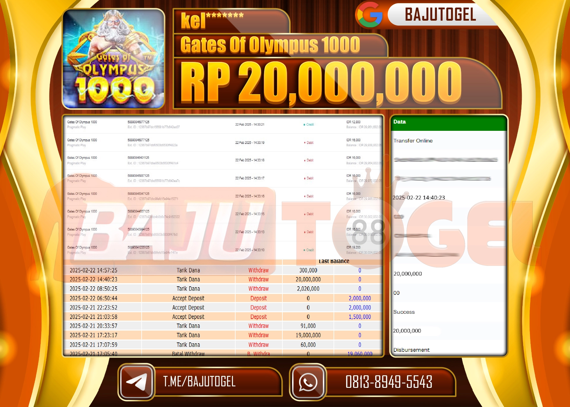 BAJUTOGEL KEMENANGAN GATES OF OLYMPUS 1000 Rp.20.000.000 LUNAS