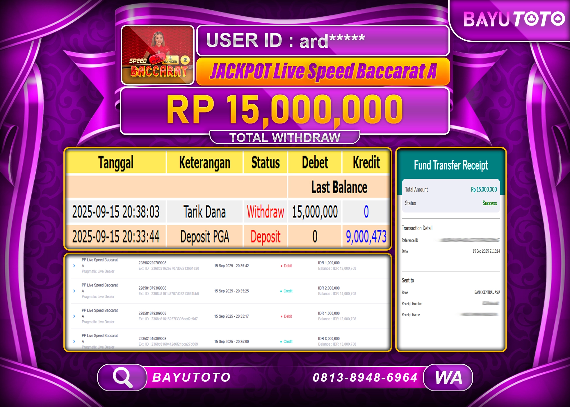 BAYUTOTO JACKPOT DI GAME  LIVEGAMES PP LIVE SPEED BACCARAT A Rp.15,000,000 LUNAS