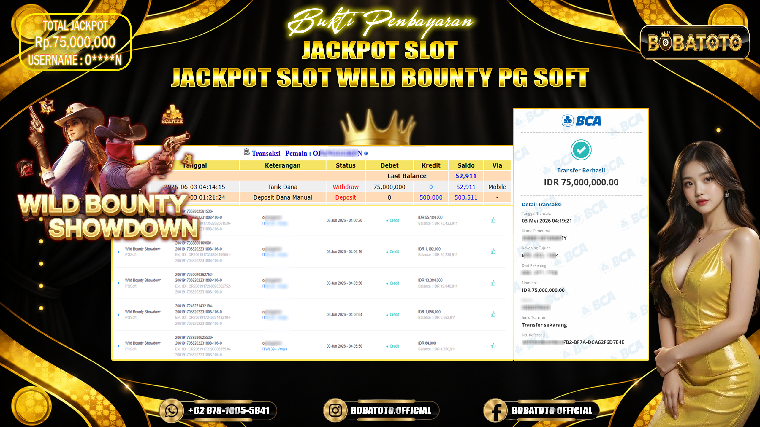 BOBATOTO JACKPOT SLOT WILD BOUNTY PG SOFT Rp.75,000,000,- LUNAS!!! 