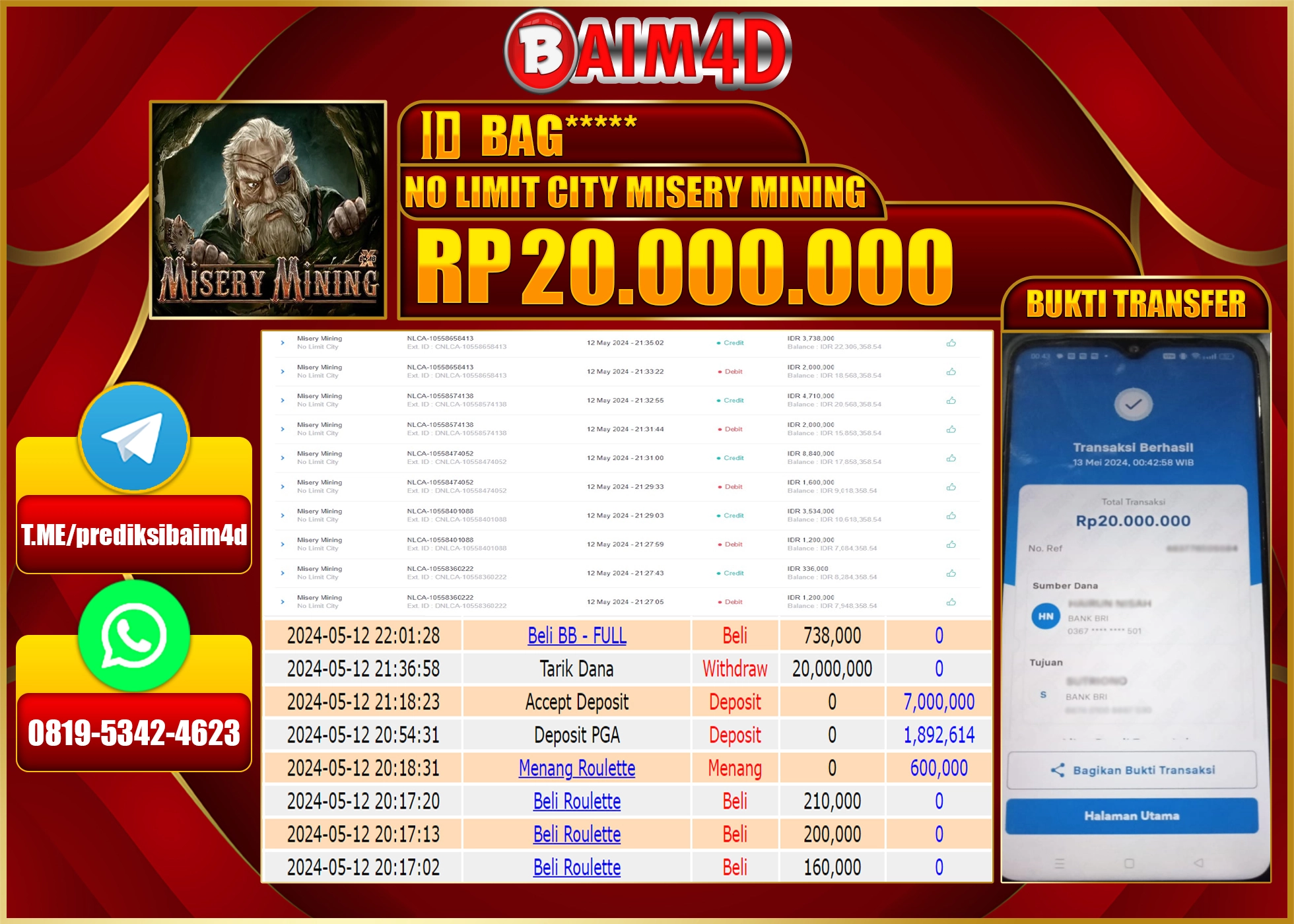 BAIM4D JACKPOT MISERY MINING Rp.20,000,000.,- LUNAS