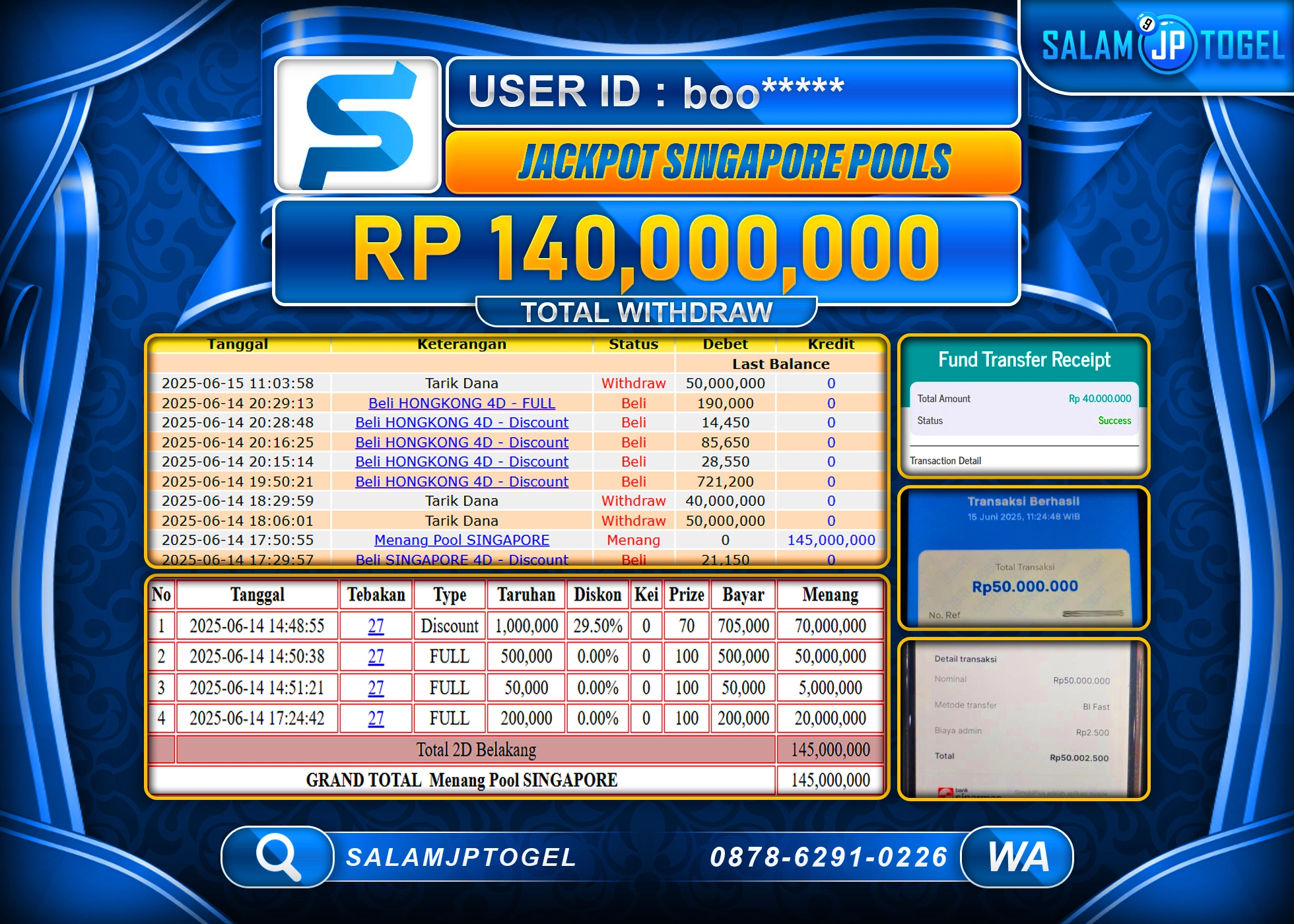 SALAMJPTOGEL MENANG SINGAPORE Rp.140,000,000 LUNAS