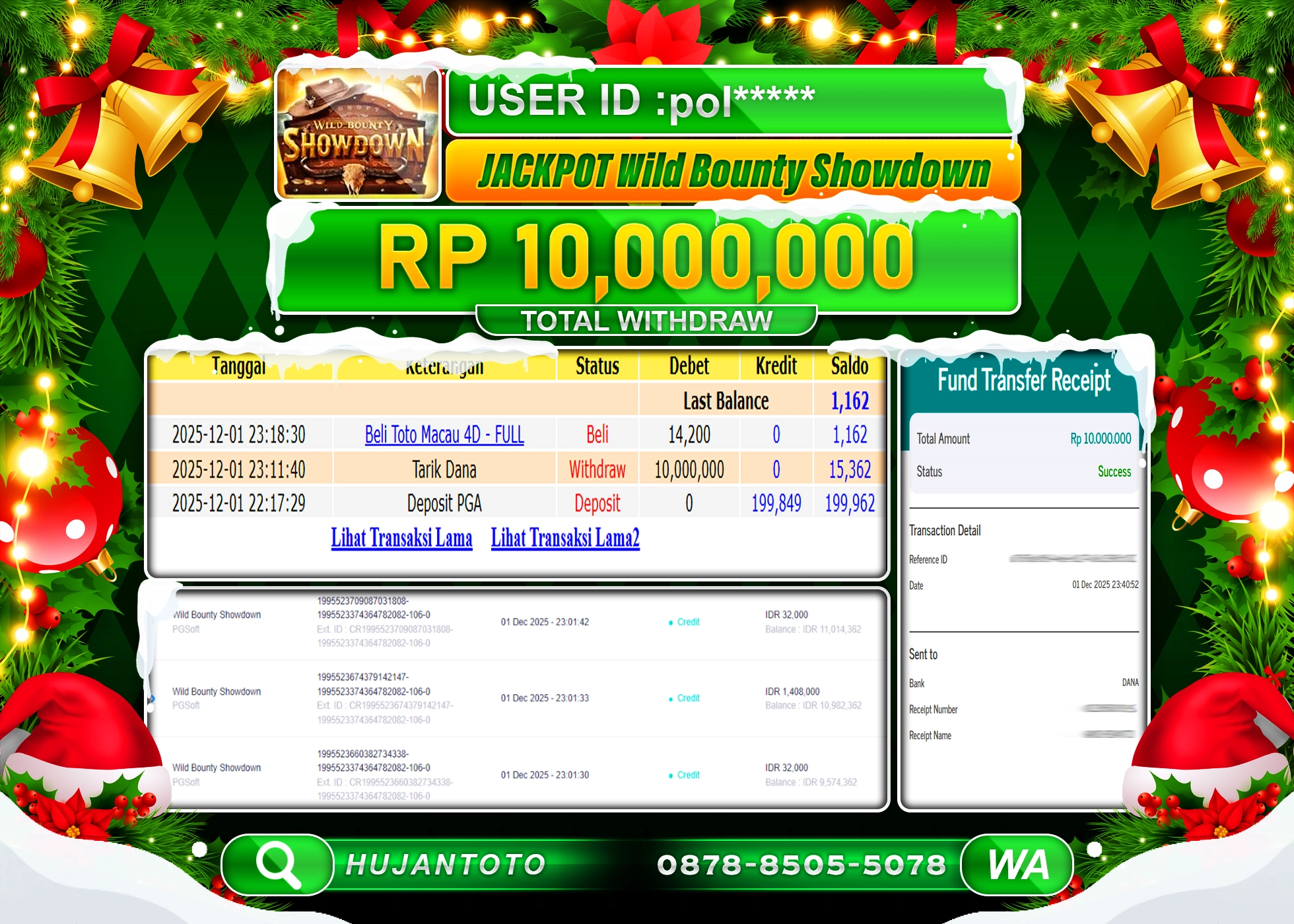 HUJANTOTO - BUKTI JACKPOT MENANG WILD BOUNTY SHOWDOWN Rp.10,000,000 - TERBAYAR LUNAS