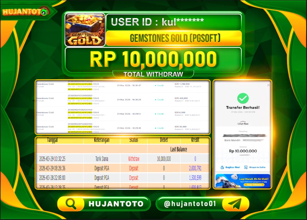 HUJANTOTO - BUKTI JACKPOT MENANG SLOT GEM TONES GOLD Rp.10,000,000 - TERBAYAR LUNAS