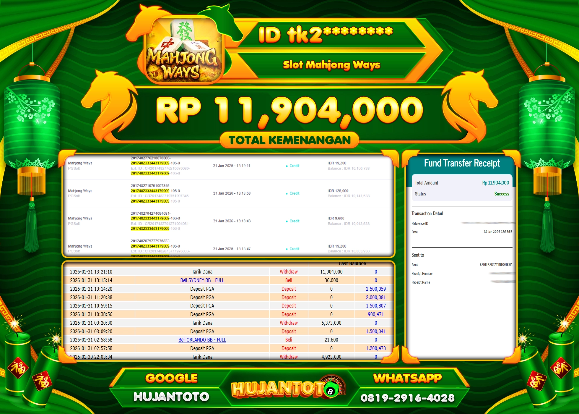 HUJANTOTO - BUKTI JACKPOT MENANG SLOT MAHJONG WAYS Rp.11,904,000 - TERBAYAR LUNAS