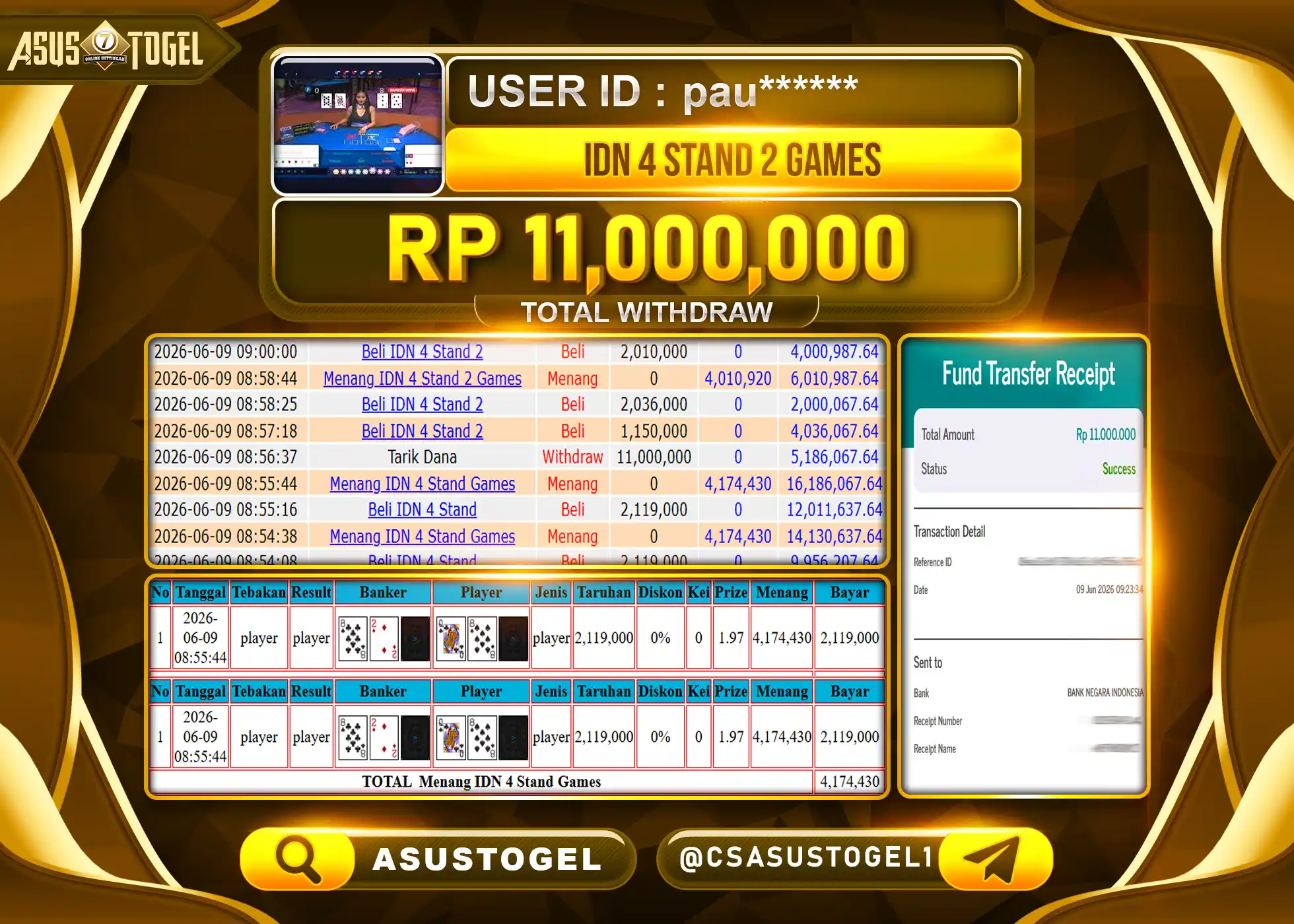 ASUSTOGEL KEMENANGAN JACKPOT LIVEGAMES IDN 4 STAND 2 GAMES  Rp.11,000,000 - RUPIAH LUNAS