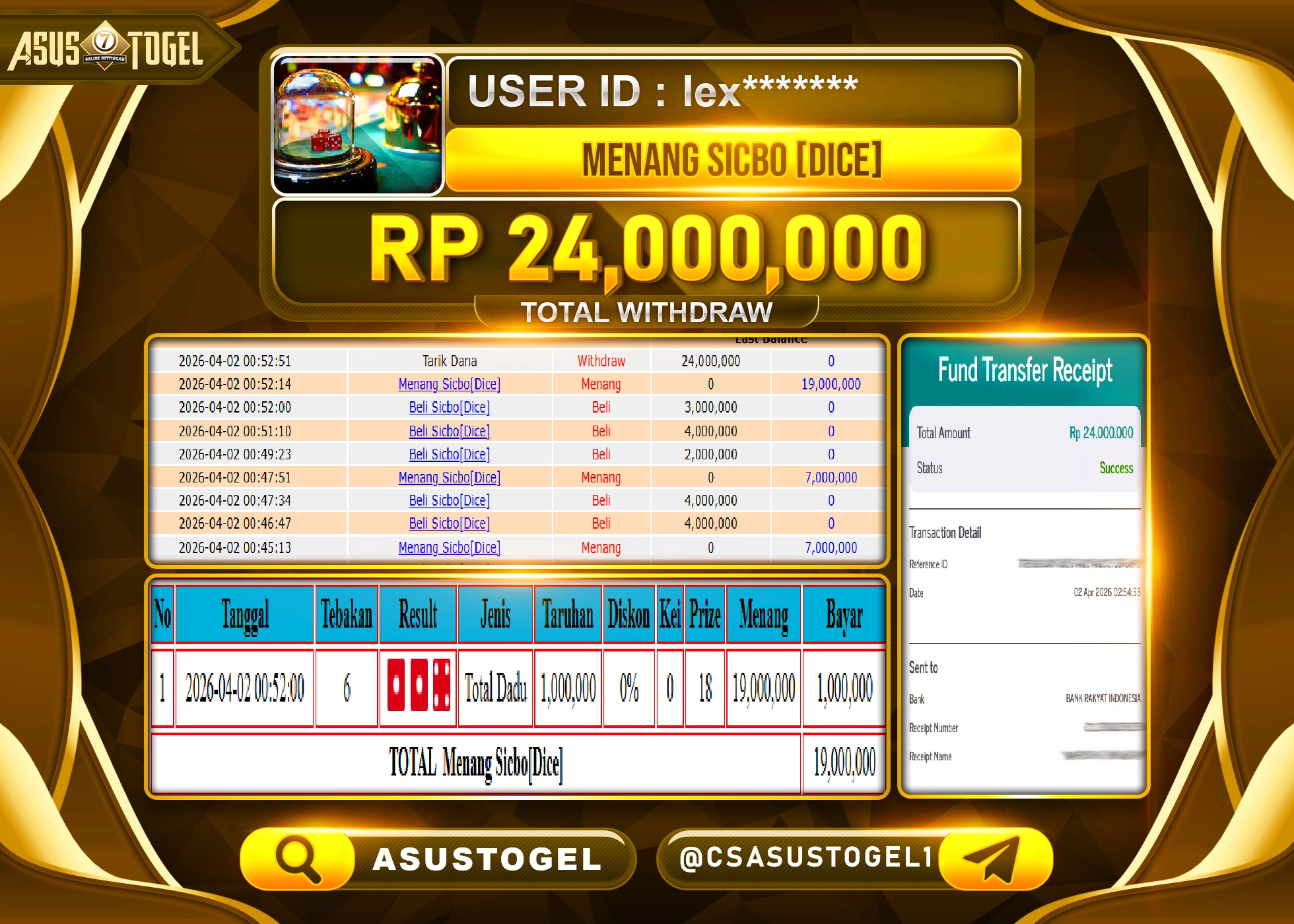 ASUSTOGEL KEMENANGAN JACKPOT DI PERMAINAN SICBO DICE LIVEGAME SEBESAR Rp.24,0000,000 - RUPIAH LUNAS