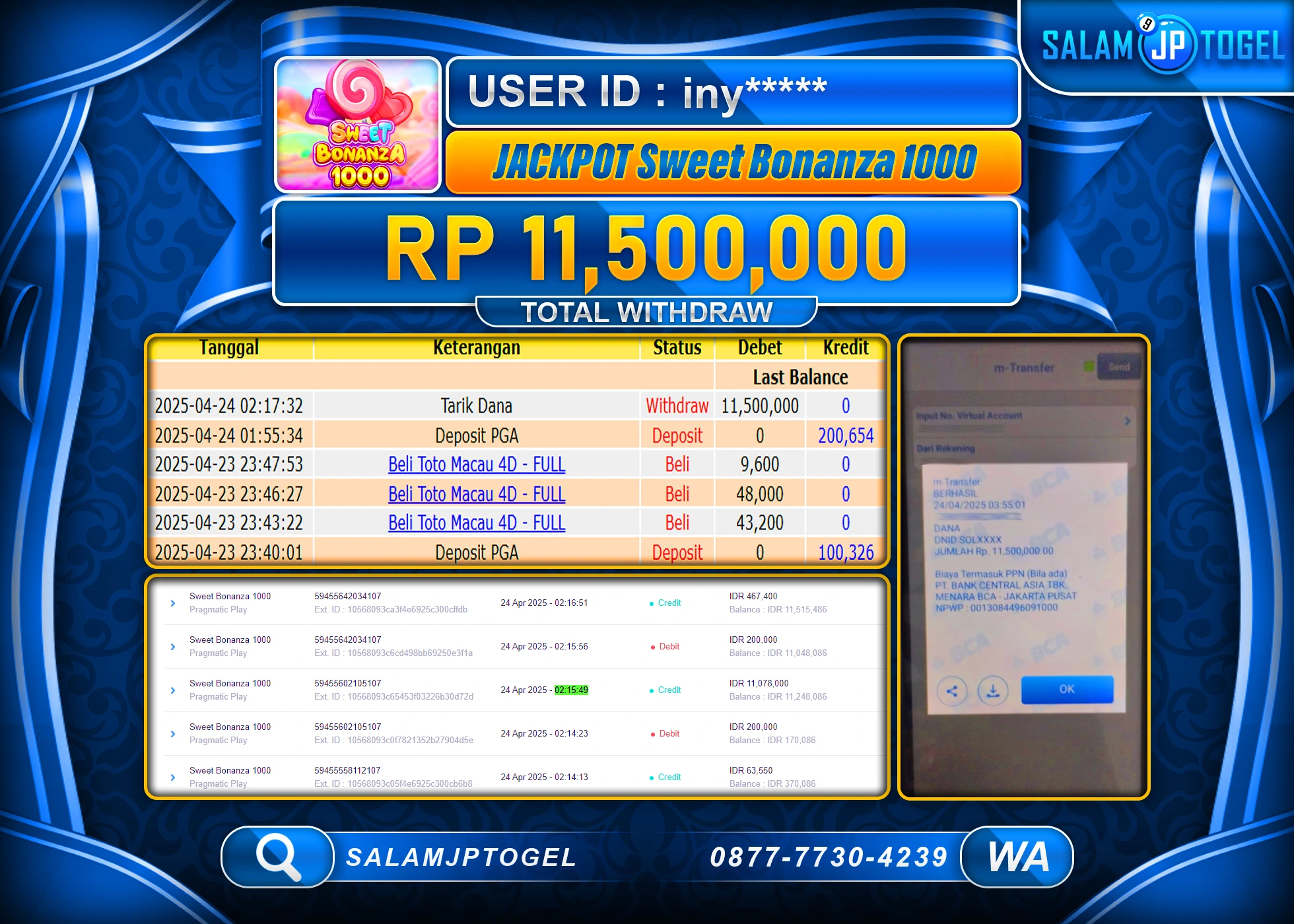 SALAMJPTOGEL MENANG SWEET BONANZA 1000 Rp.11,500,000 LUNAS