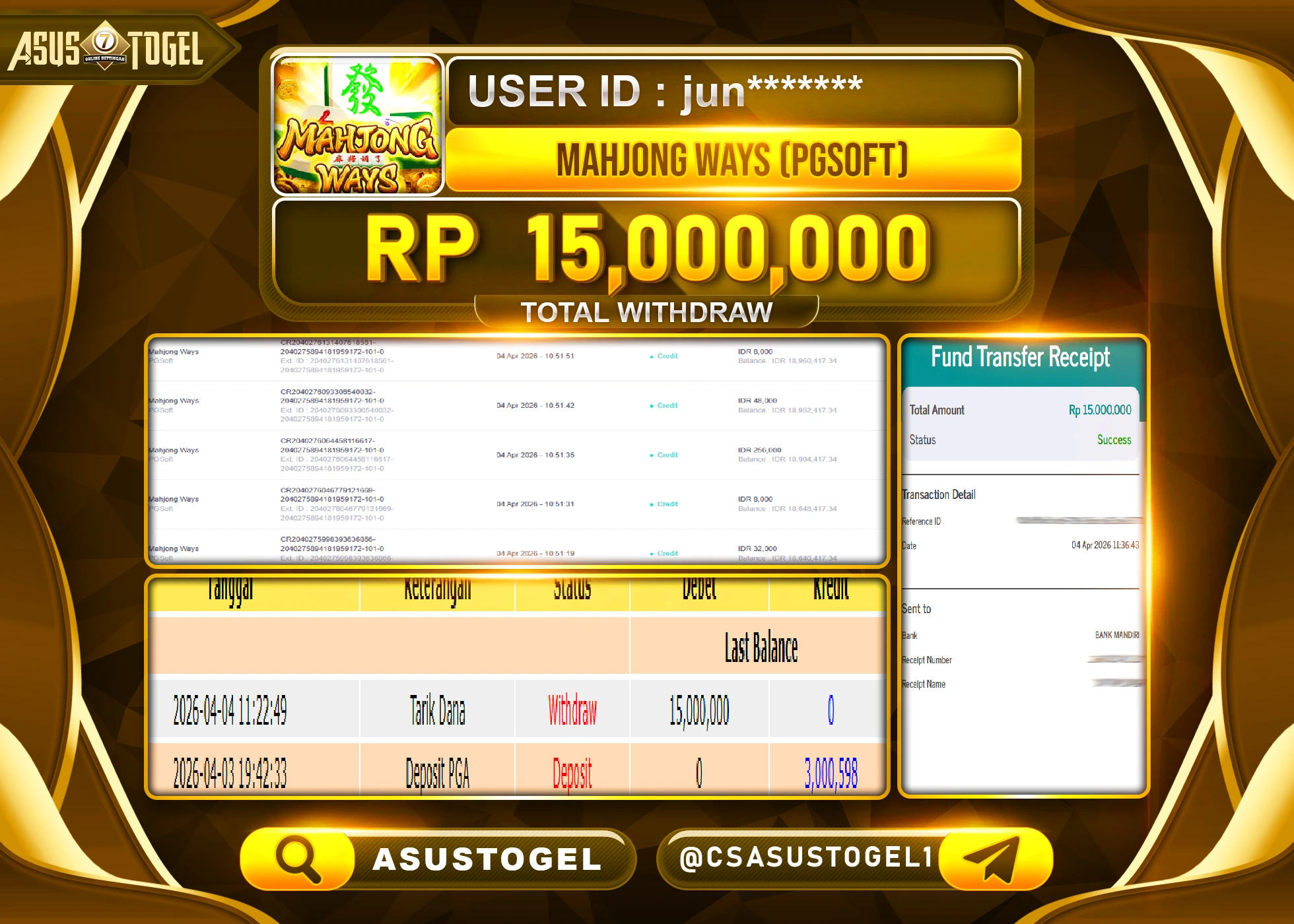 ASUSTOGEL KEMENANGAN JACKPOT DI PERMAINAN SLOT MAHJONG WAYS PG SOFT SEBESAR Rp.15,000,000 - RUPIAH LUNAS