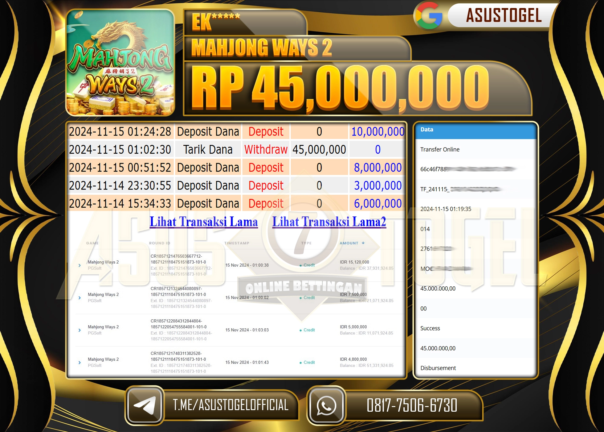 ASUSTOGEL KEMENANGAN DI SLOT MAHJONG WAYS 2 SEBESAR 45,000,000- RUPIAH LUNAS