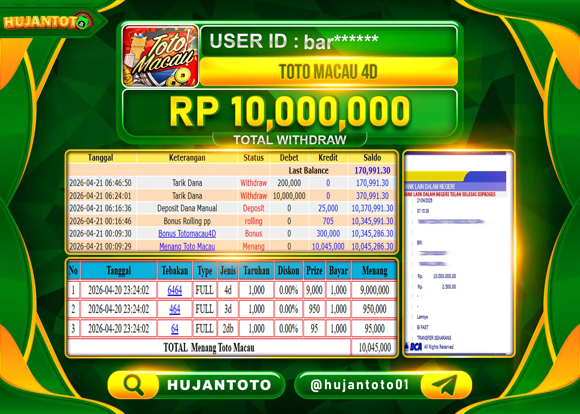 HUJANTOTO - BUKTI JACKPOT MENANG TOGEL TOTO MACAU 4D Rp.10,000,000 - TERBAYAR LUNAS