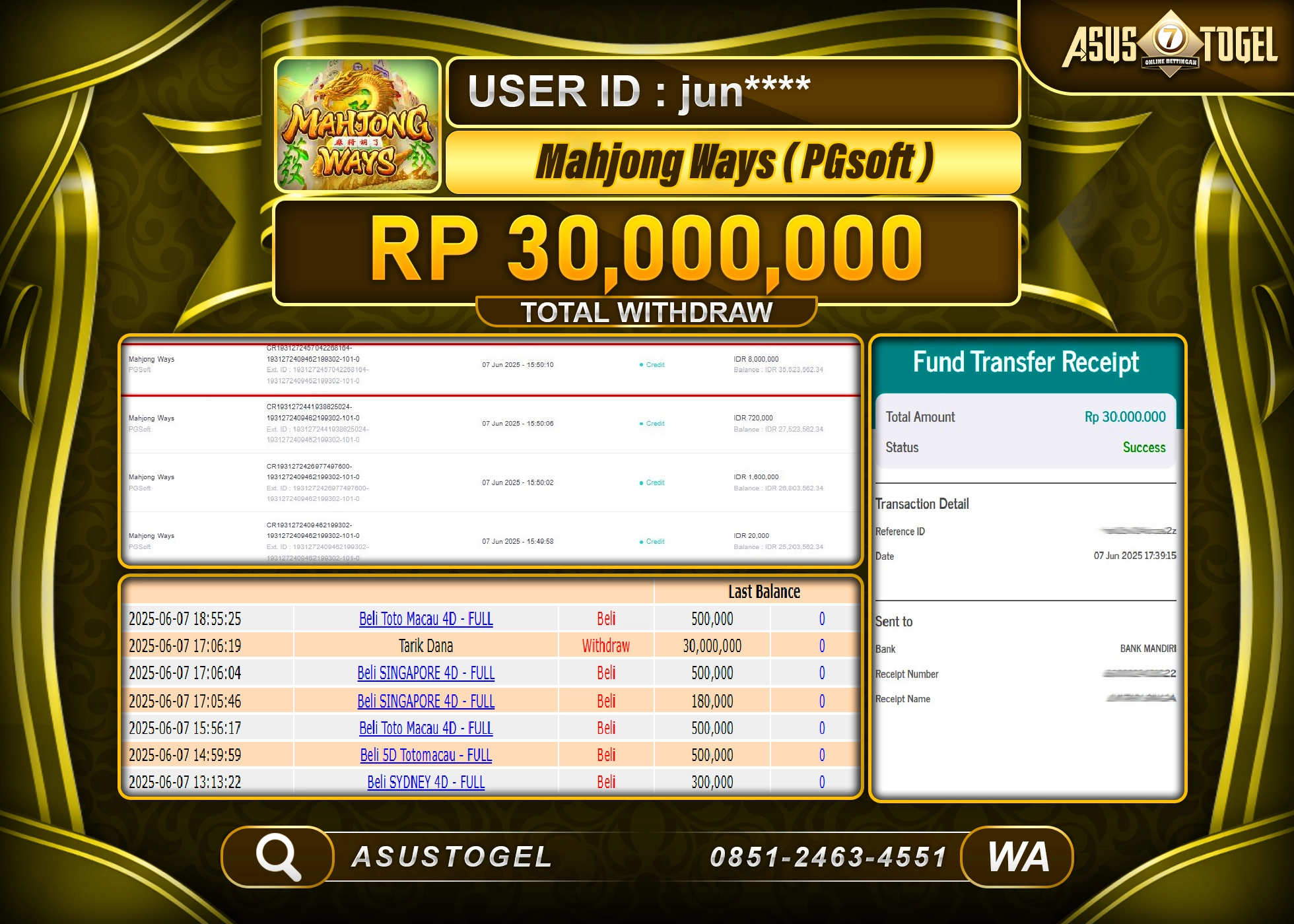 ASUSTOGEL KEMENANGAN DI SLOT MAHJONG WAYS SEBESAR 30,000,000- RUPIAH LUNAS