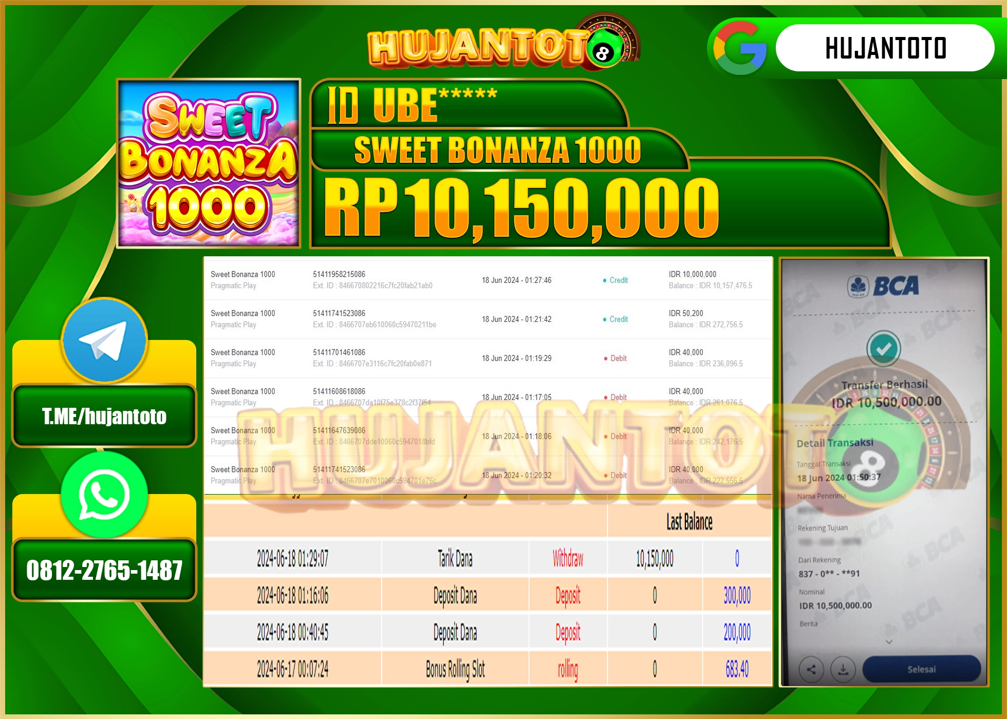 HUJANTOTO MENANG DI SLOT SWEET BONANZA GAMES 10.150.000 - LUNAS 