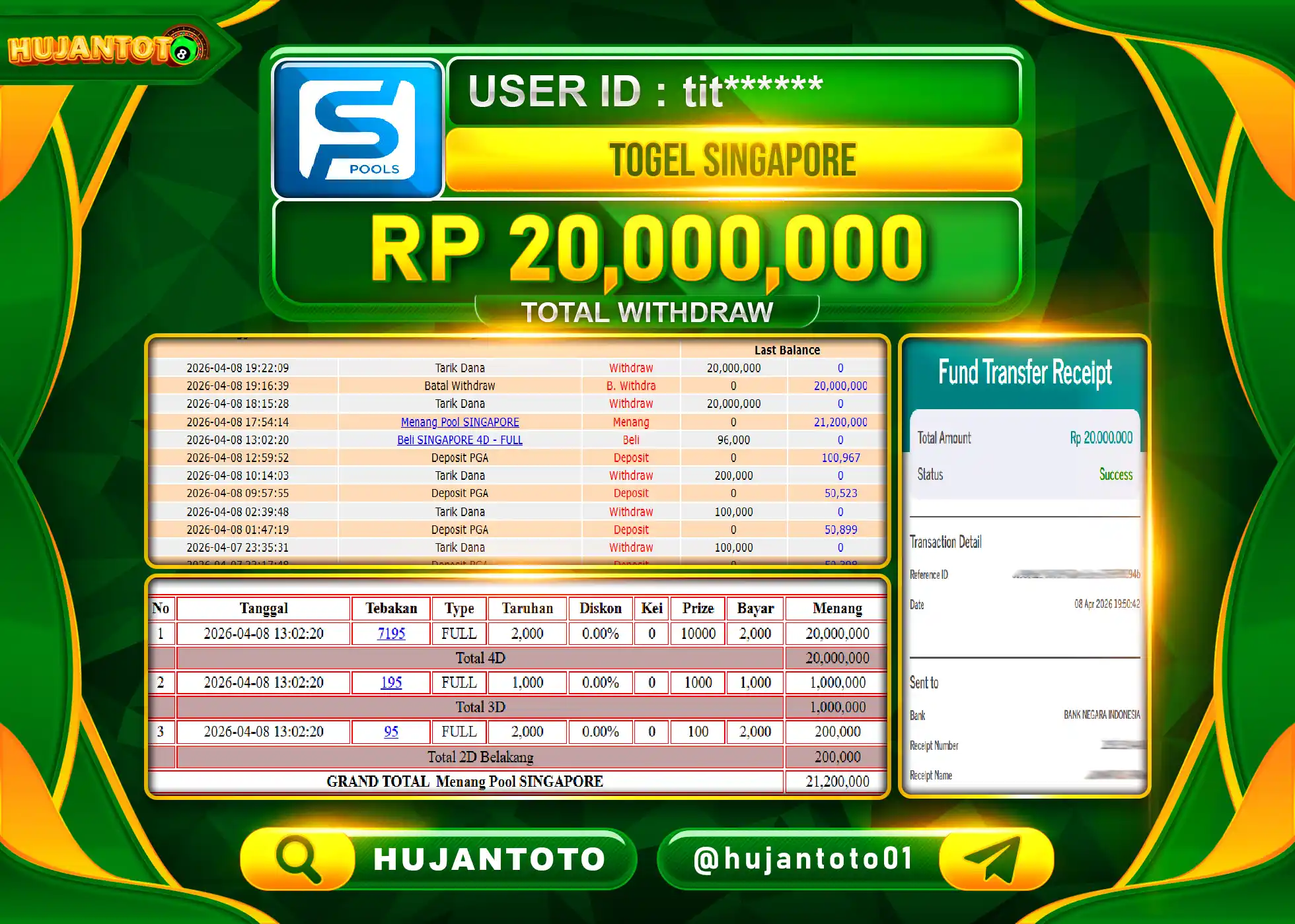 HUJANTOTO - BUKTI JACKPOT MENANG JACKPOT TOGEL SINGAPORE  Rp.20,000,000 - TERBAYAR LUNAS