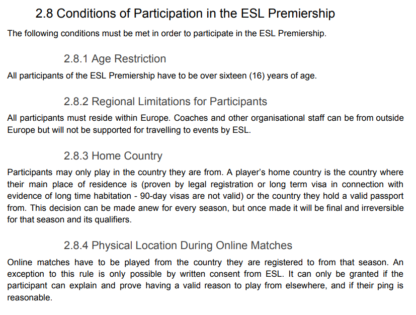 ESL Premiership Rulebook (v.1.0.2) - Rule 2.8 Conditions of Participation in the ESL Premiership