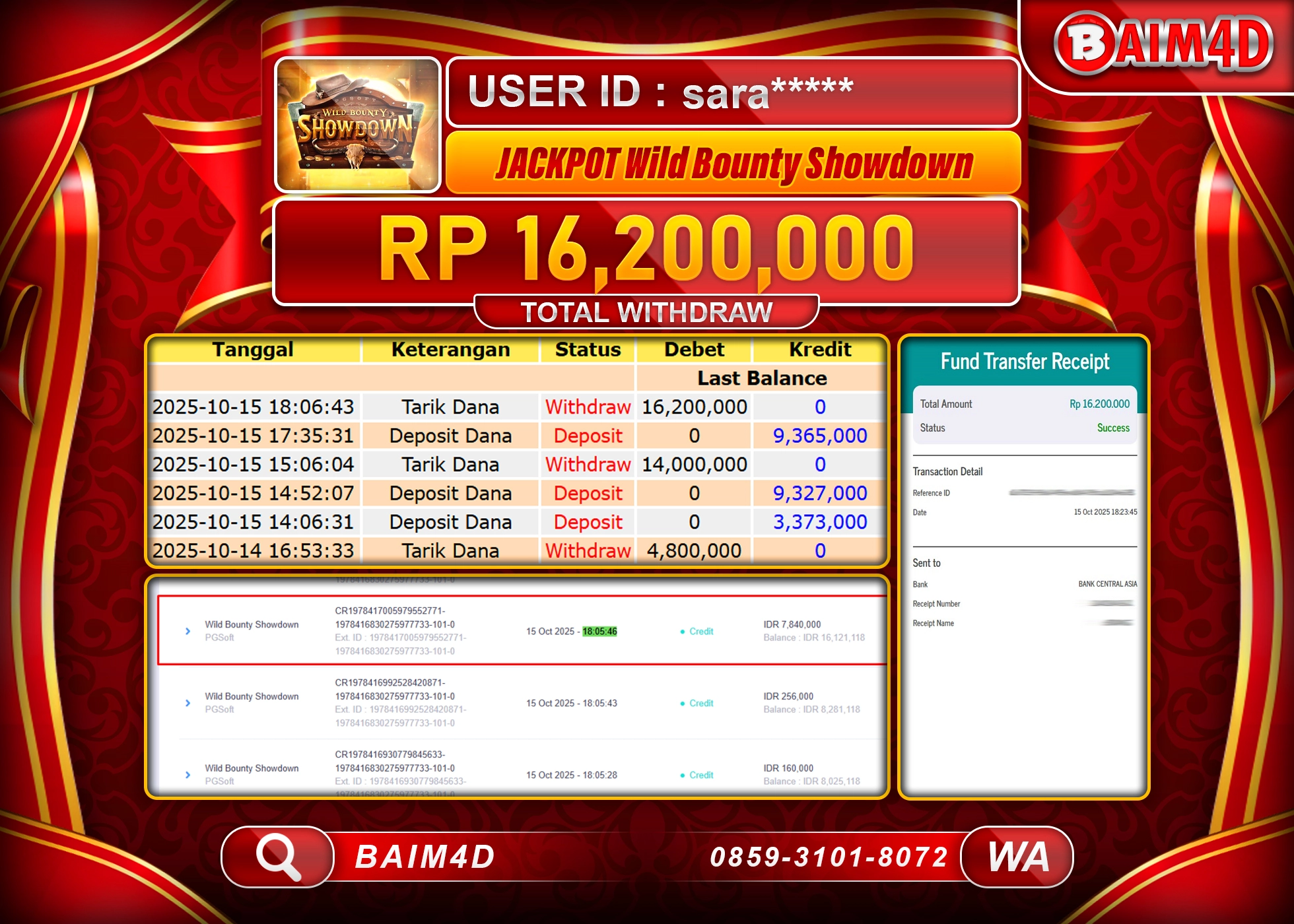 BAIM4D JACKPOT SLOT WILD BOUNTY SHOWDOWN Rp.16,200,000.- LUNAS