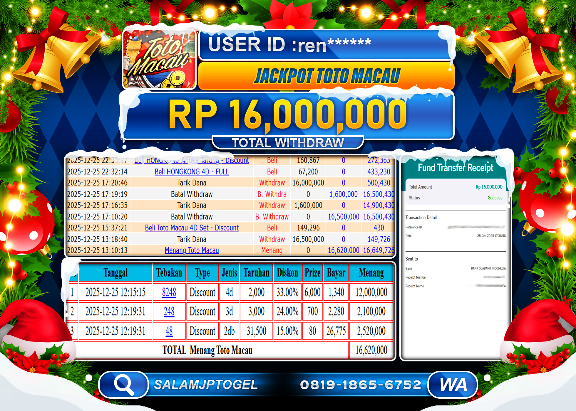 SALAMJPTOGEL JACKPOT MENANG TOGEL TOTO MACAU Rp.16,000,000 - LUNAS