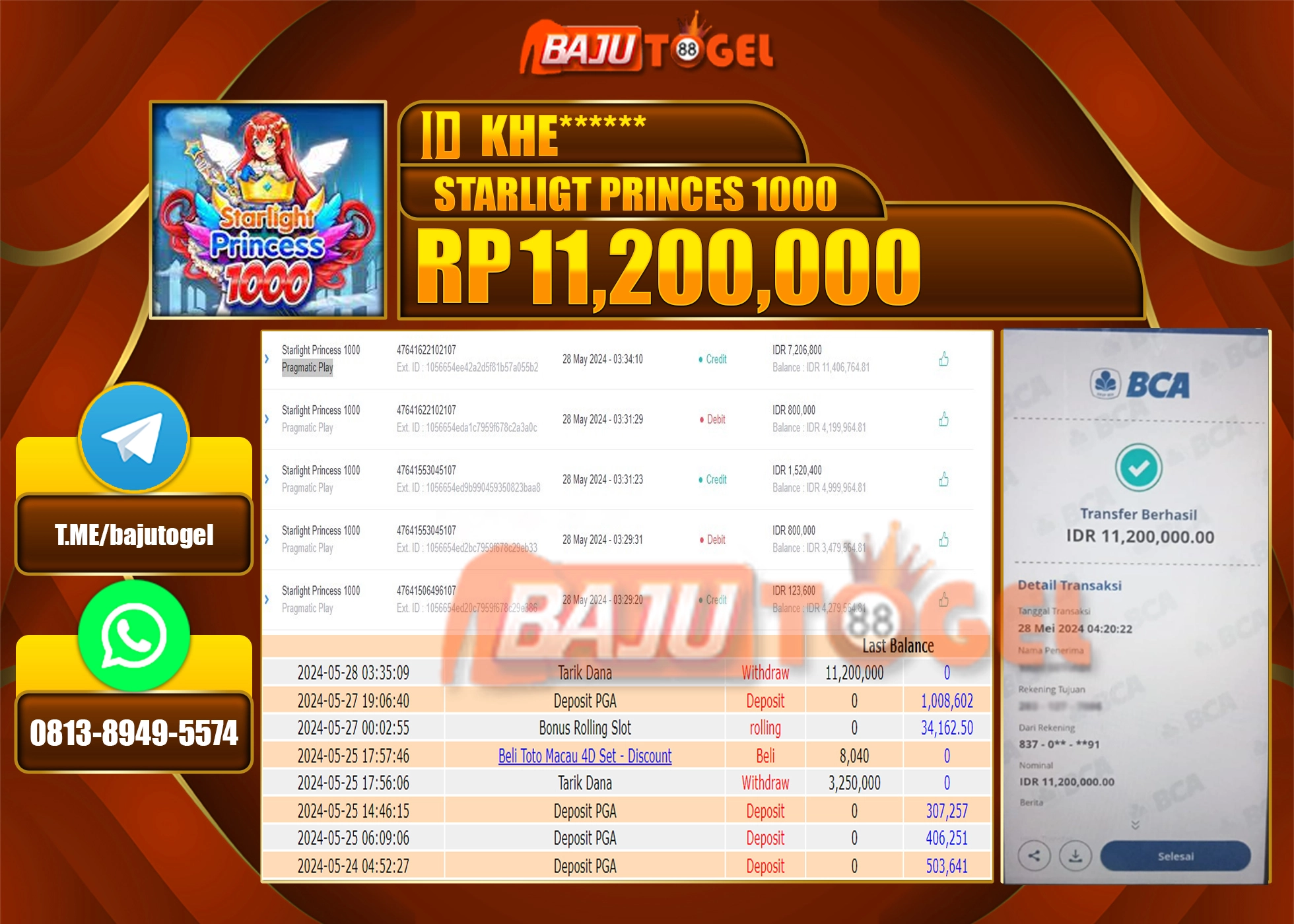 BAJUTOGEL JACKPOT SLOT  STARLIGT PRINCES 1000  Rp.11,200.000 LUNAS