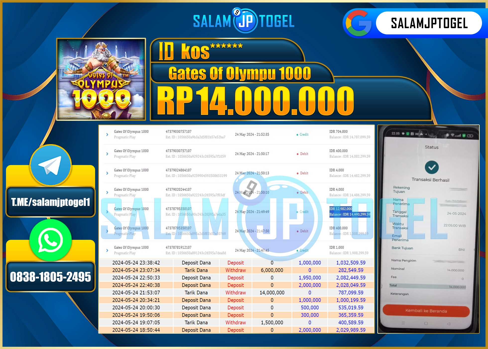 SALAMJPTOGEL MEMBER MENANG Gates Of Olympus 1000 RP. 14,000,000.,-LUNAS