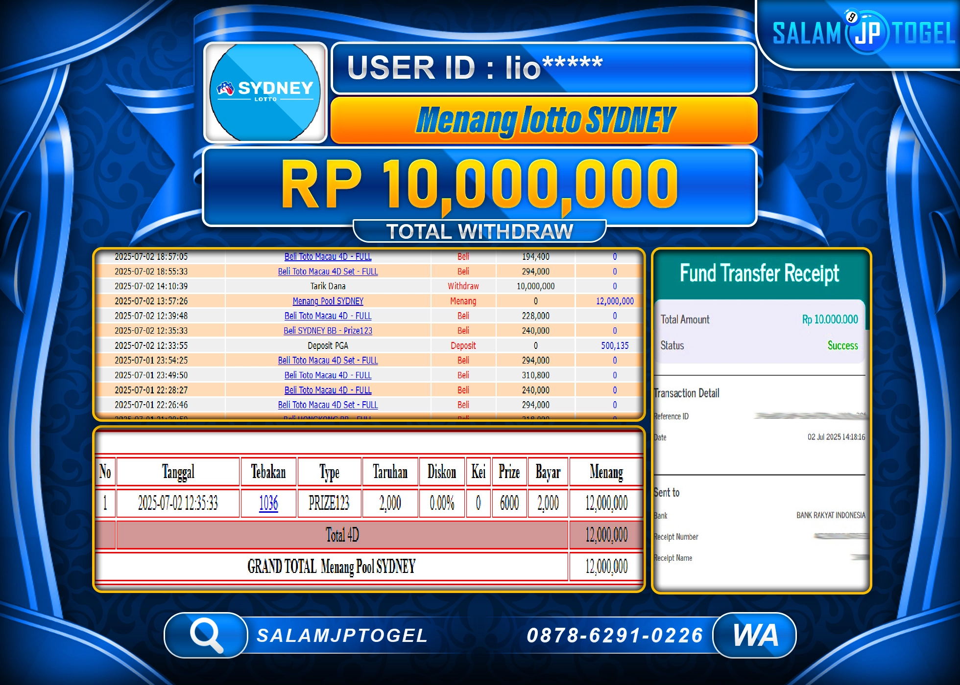 SALAMJPTOGEL MENANG Lotto SYDNEY Rp.10,000,000 LUNAS
