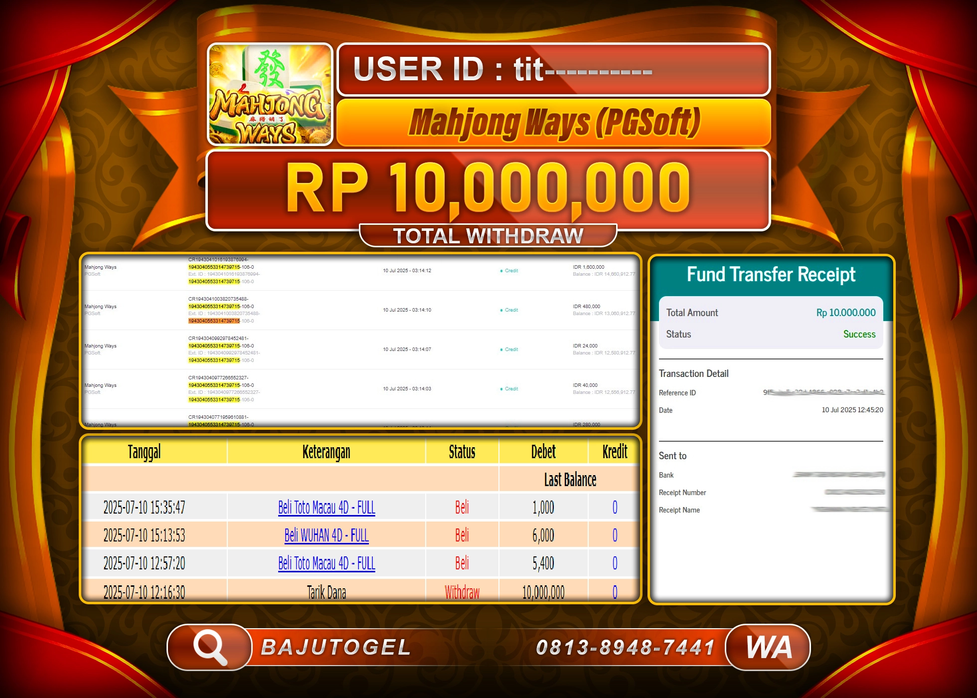  BAJUTOGEL MENANG DI PGSOFT MAHJONG WAYS Rp.10.000.000 LUNAS