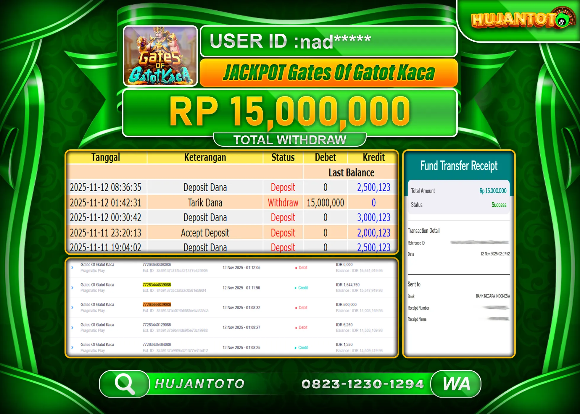 HUJANTOTO - BUKTI JACKPOT MENANG SLOT GATES OF GATOTKACA Rp.15,000,000 - TERBAYAR LUNAS