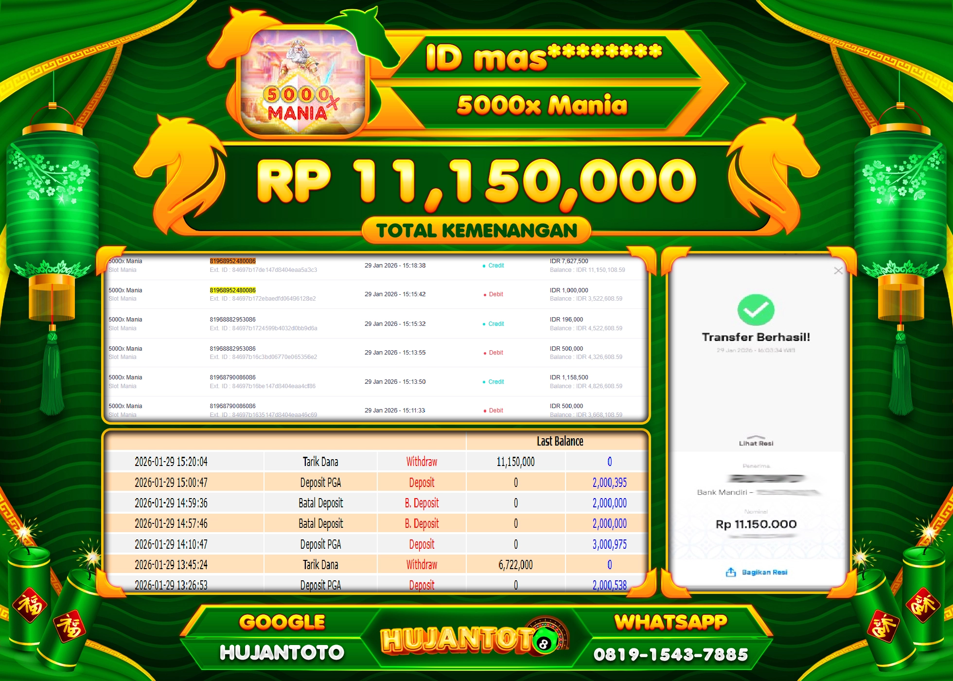 HUJANTOTO - BUKTI JACKPOT MENANG SLOT 5000X SLOT MANIA Rp.11,150,000 - TERBAYAR LUNAS